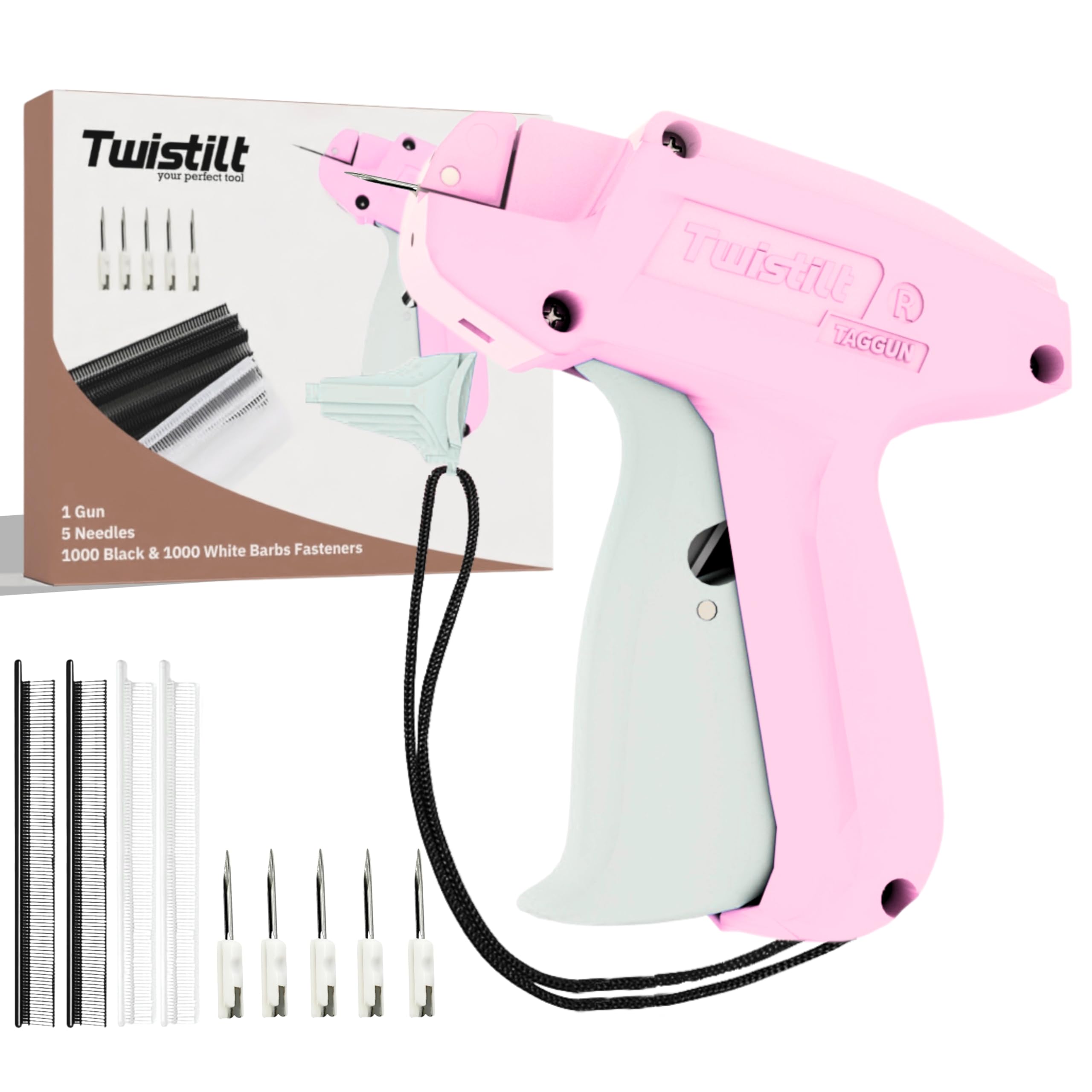Stitch Gun for Clothes, Handheld Clothing Tag Gun for Quick Clothing Fixes, Tagging Gun Includes 6 Needles, 1000 Black & 1000 White Fasteners (Pink)