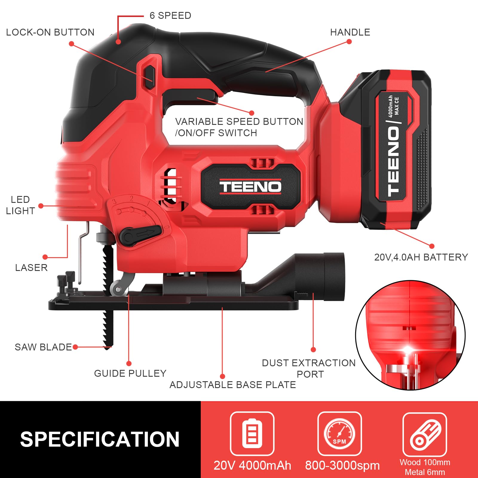 Makita 20V 4.0Ah Sierra de Calar Inalámbrica, 800-3000 SPM, Corte ±45°, 6 Velocidades, LED, para Madera Metal Plástico