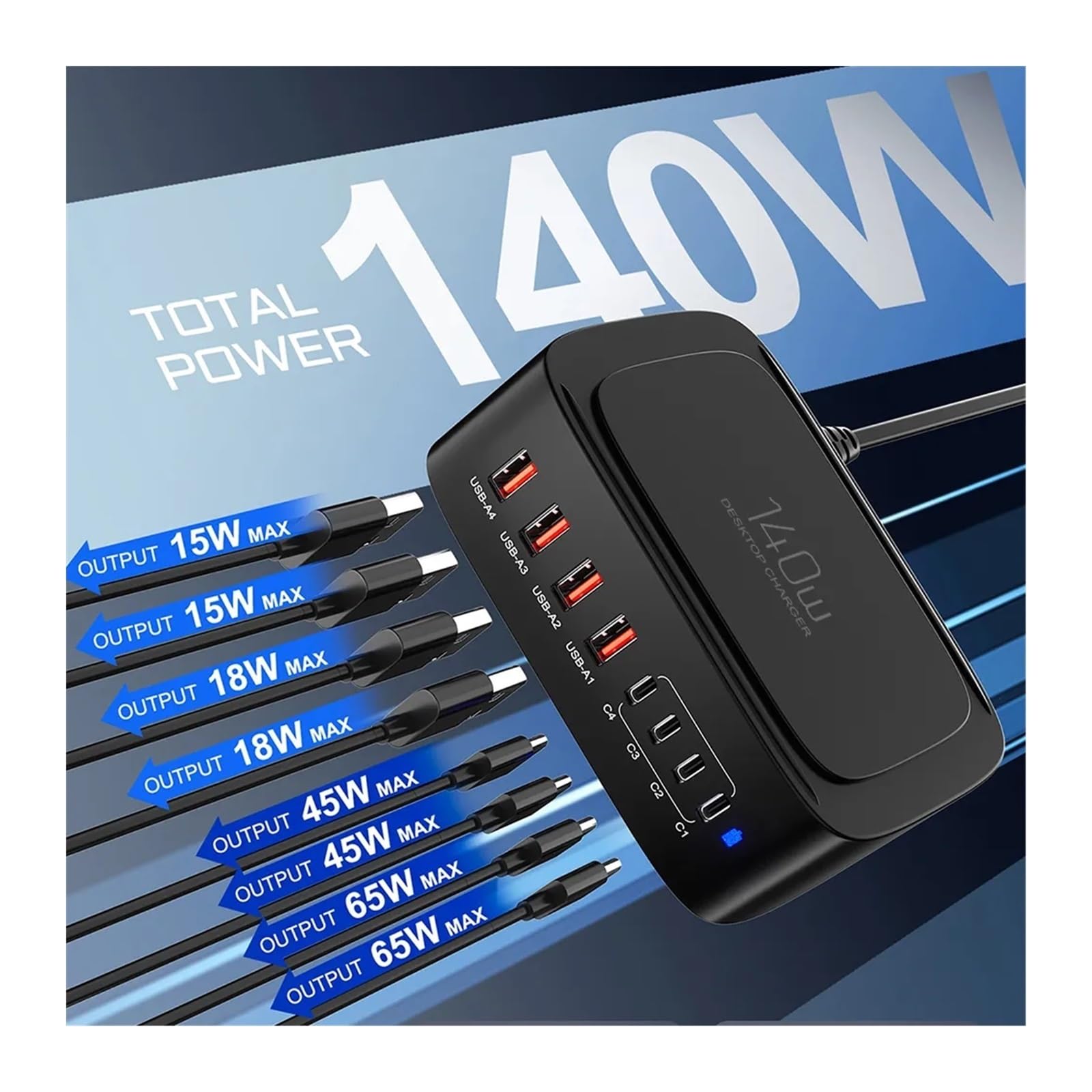 Caricatore Multi USB a 8 Porte da 140 W Stazione di Ricarica Rapida USB C QC3.0 PPS
