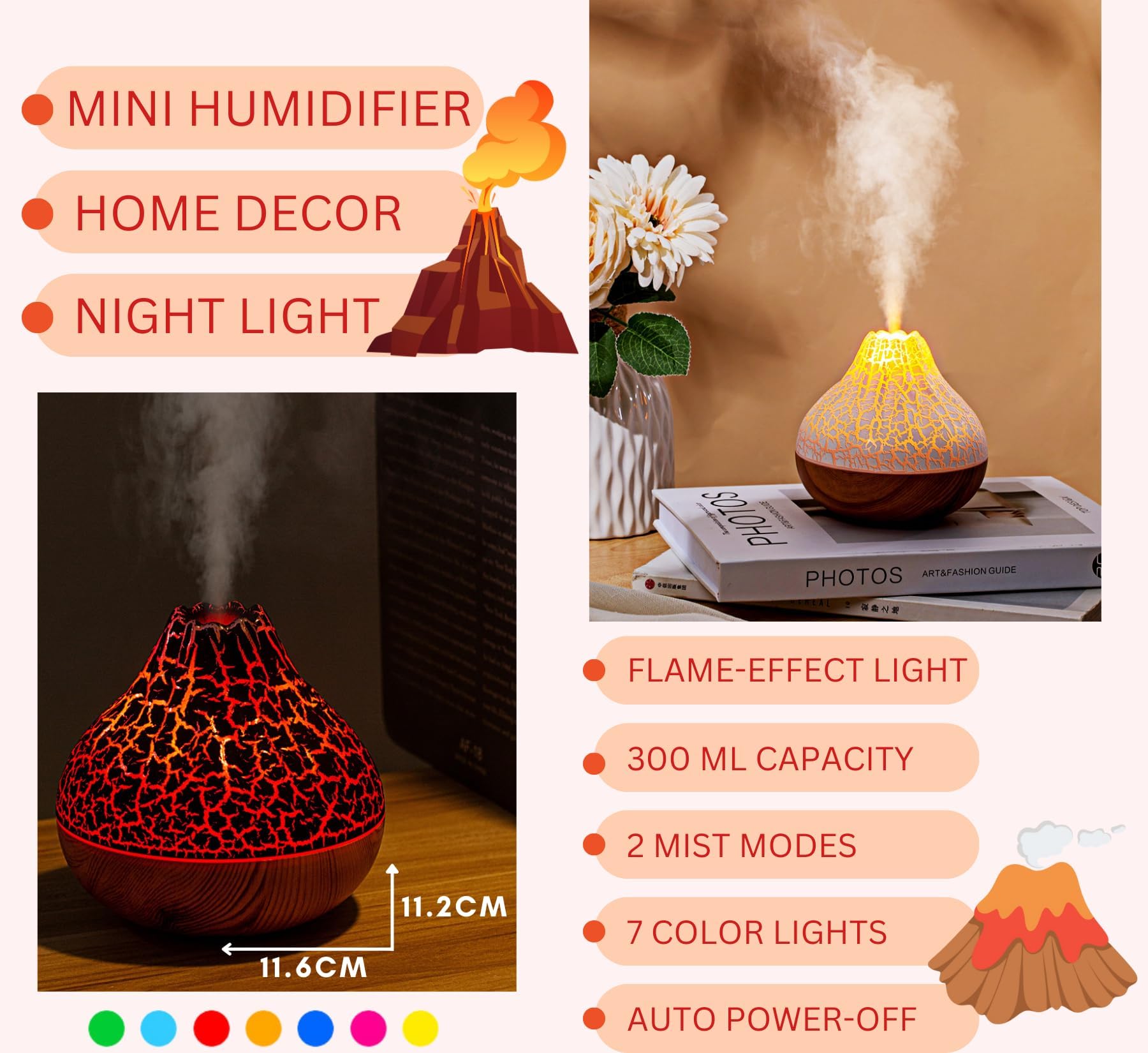 mobigon Wood Cool Mist Ultrasonic Humidifier for Room Moisture, Aroma Diffuser for Home, 300ml Essential Oil Diffuser with 7 Colorful Night Light, Auto Shut-Off, Home, Office, car (E.Light Brown)