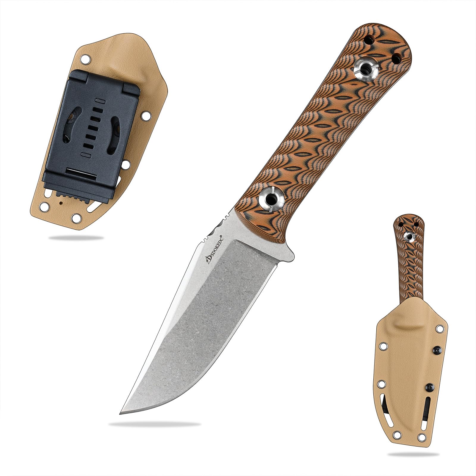 SDOKEDC Outdoor Messer feststehende Klinge aus DC53 Stahl gefertigt G10 Griff mit Kydex Scheide Jagdmesser für Männer EDC Outdoor Camping Survival (Weiß+Braun)