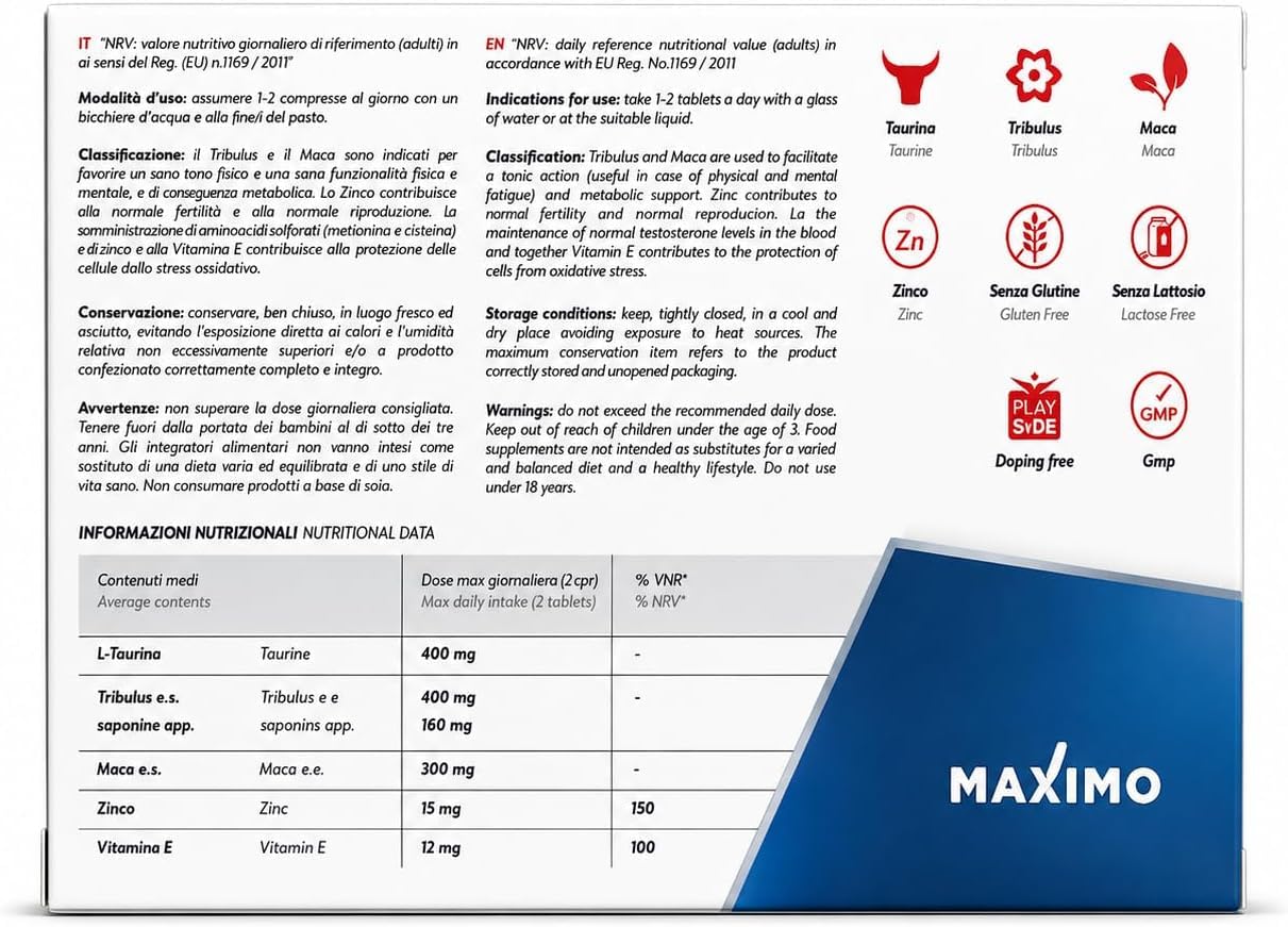 (60 CPR) MAXIMO RiseUp Integratore Uomo Energia e Vitalità Maschile | Taurina, Maca, Tribulus, Zinco e Vitamina E | Supporto Energia e Benessere Quotidiano | 60 Compresse