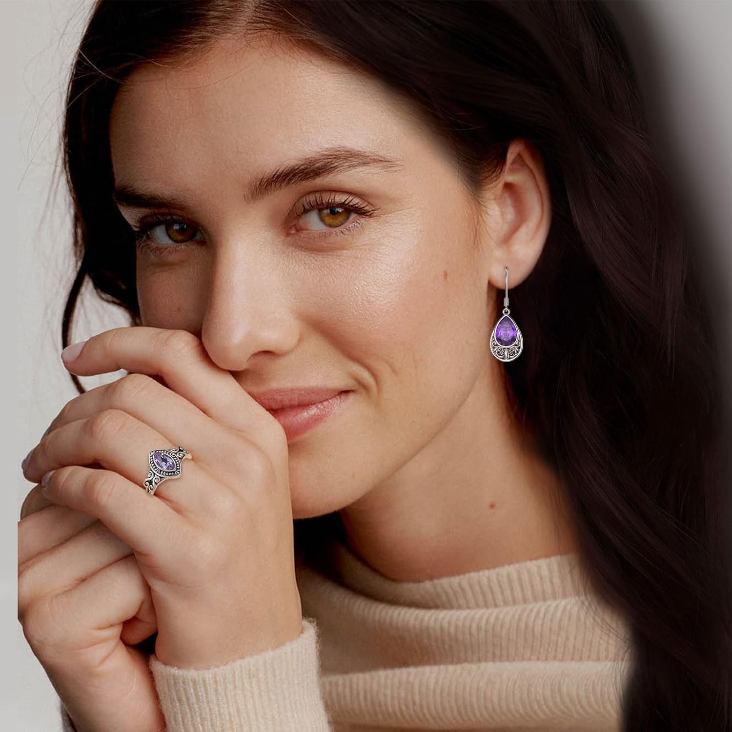 Natural Amethyst Dangle Drop Earring for Women 10 * 7mm Pear Shaped Amethyst Earring Vintage 925 Sterling Silver for Her Wife Mom - Image 5