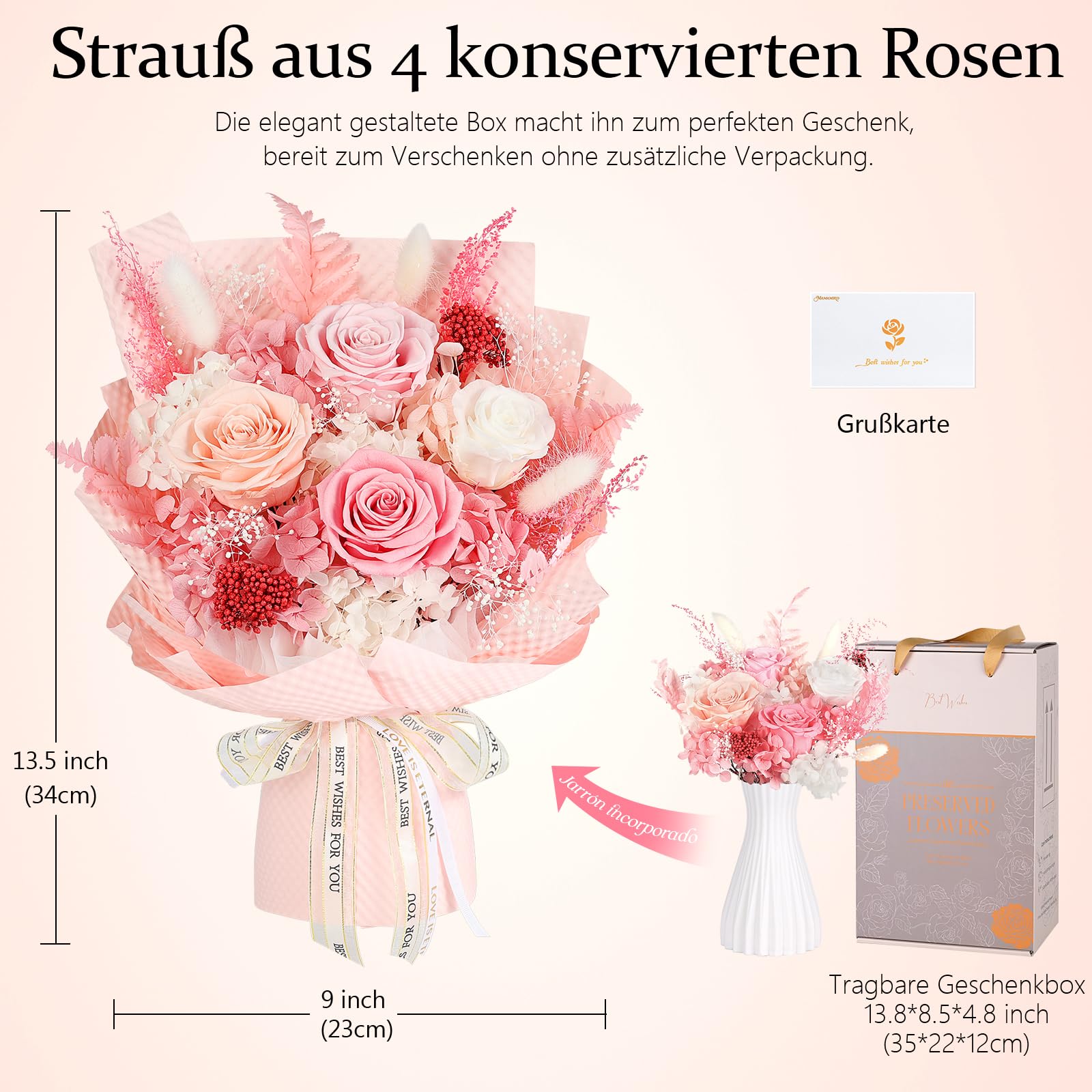 Ewige Rosen Blume Strauß mit Vase-Rosa, Infinity Konservierte Echt Flower, Rosestrauß in Geschenkbox, Geschenk für Sie Frauen Freundin Mama Oma zum Valentinstag Jahrestag Geburtstag Muttertag