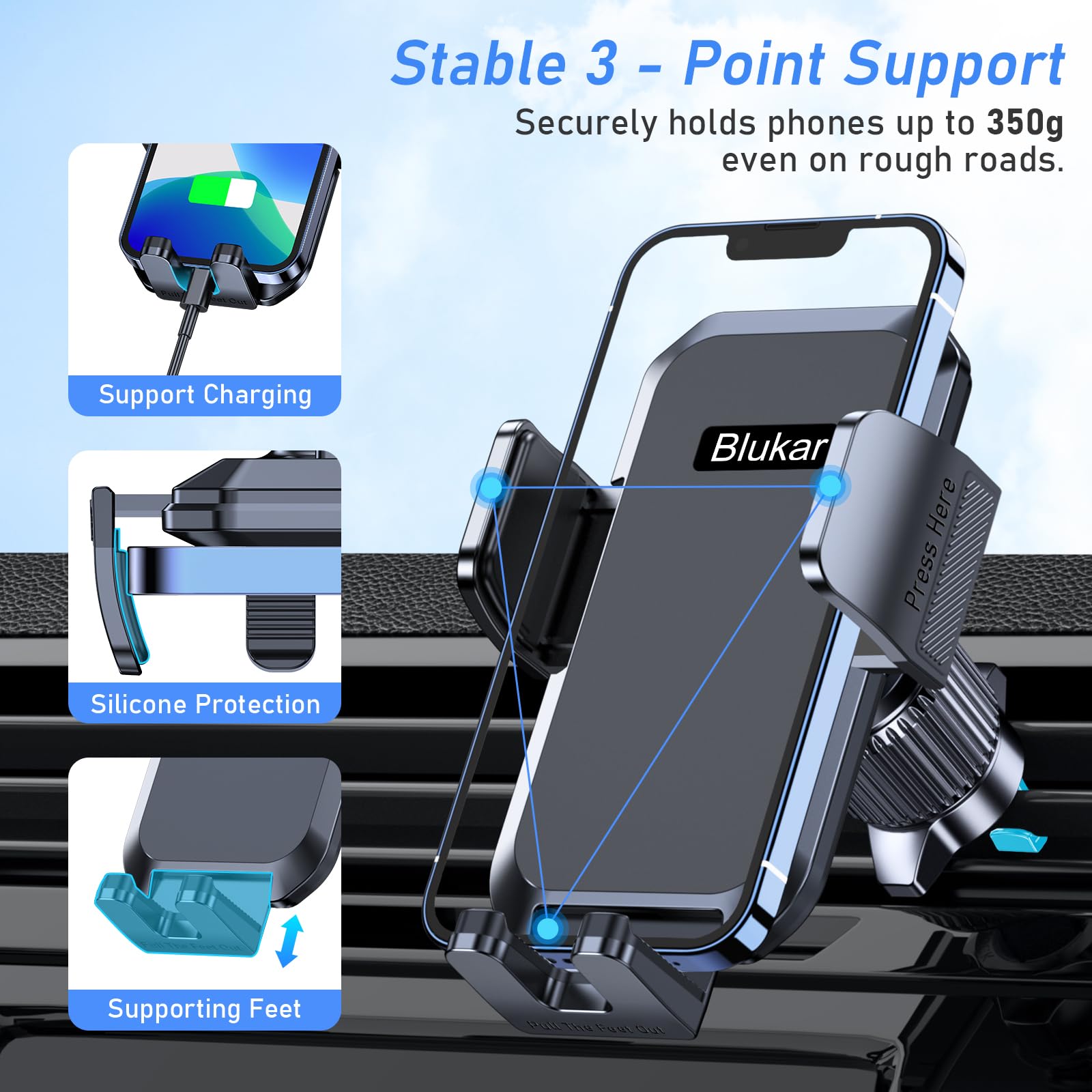 Blukar Support Téléphone Voiture, Support Grille d'aération Porte Téléphone Voiture Ventilation [Clip Amélioré&Rotation 360°& Un Bouton de Libération] Compatible avec Smartphone/GPS 4,0''-7,0''