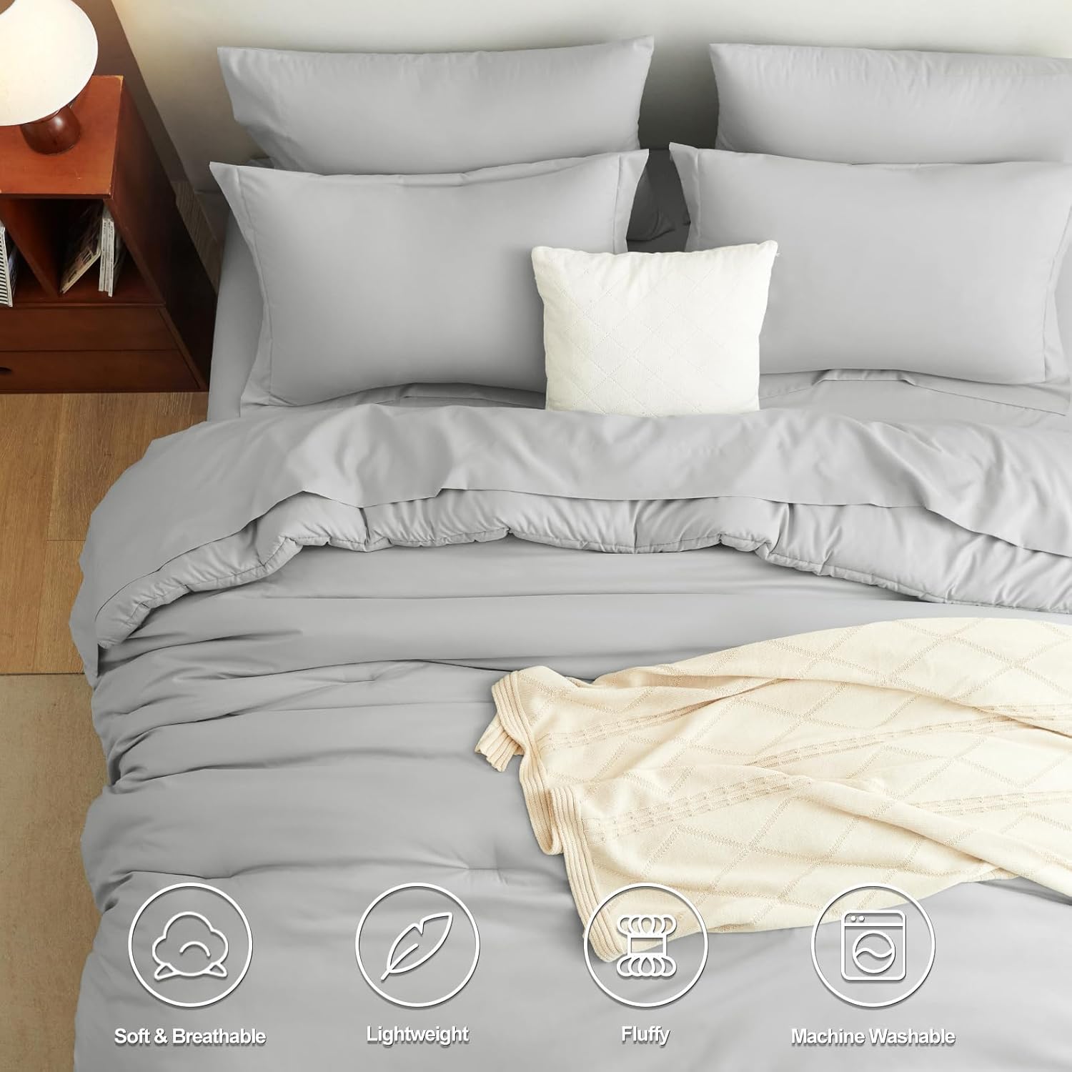 cozylux king size comforter set light grey, 7 pieces bed in a bag king comforter set with sheets, light gray luxury soft bedding sets with down alternative comforter, sheets, pillowcases & shams light grey king