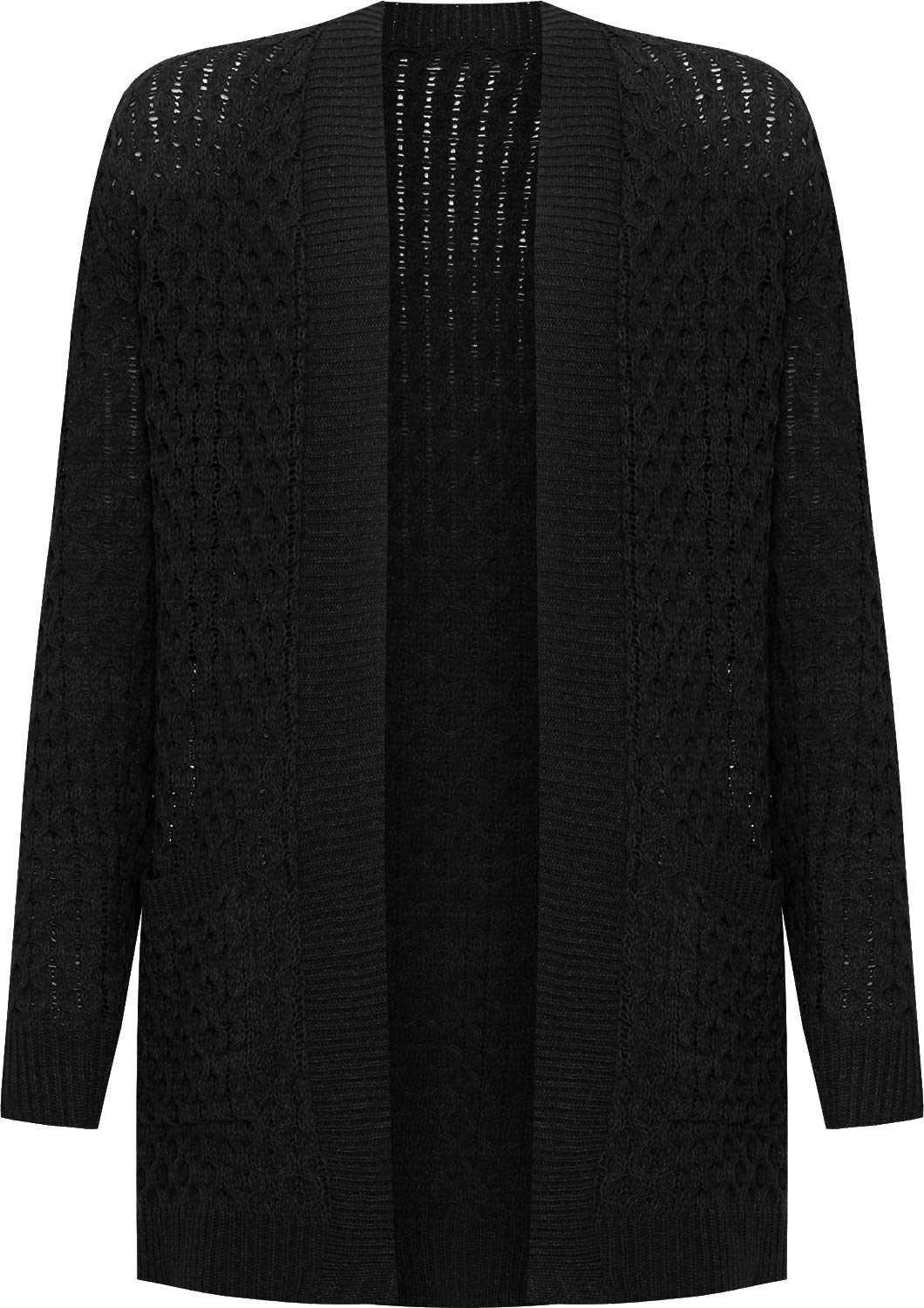 Wearall Women's Black Plus Cable Knitted Open Pocket Cardigan Chunky Long Sleeve Grandad - 20-22
