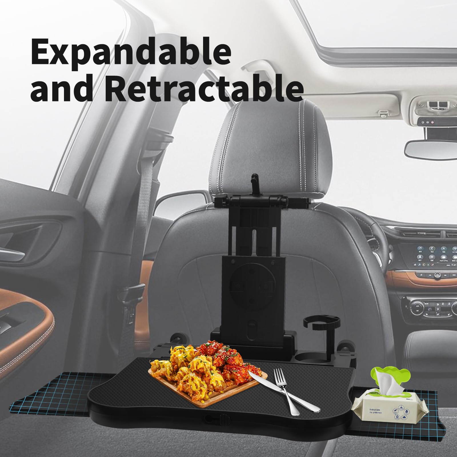 Tavolo Vassoio Per Sedile Posteriore Auto,Vassoio del Sedile Posteriore Automobile con Portabicchieri e Supporto,Pieghevole e Regolabile, 2 Portabicchieri, Slot per Tablet, Antiscivolo,pendolari