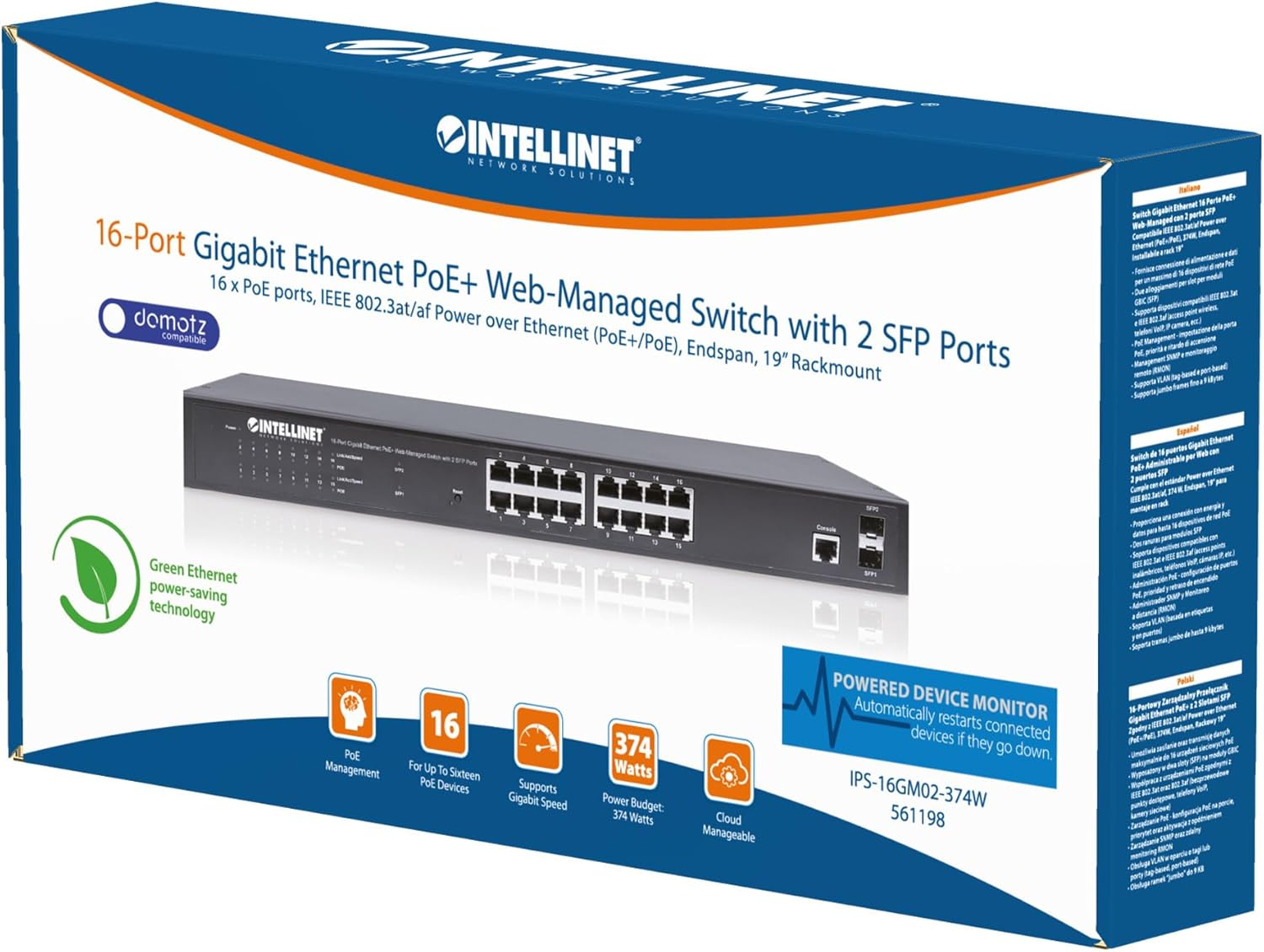 Intellinet 16 Port Gigabit Managed PoE Switch - POE Power Budget of 374W, 2 SFP Slots, Self-Healing, IPv4/v6, 19" Rackmount –3 Yr Mfg Warranty-561198