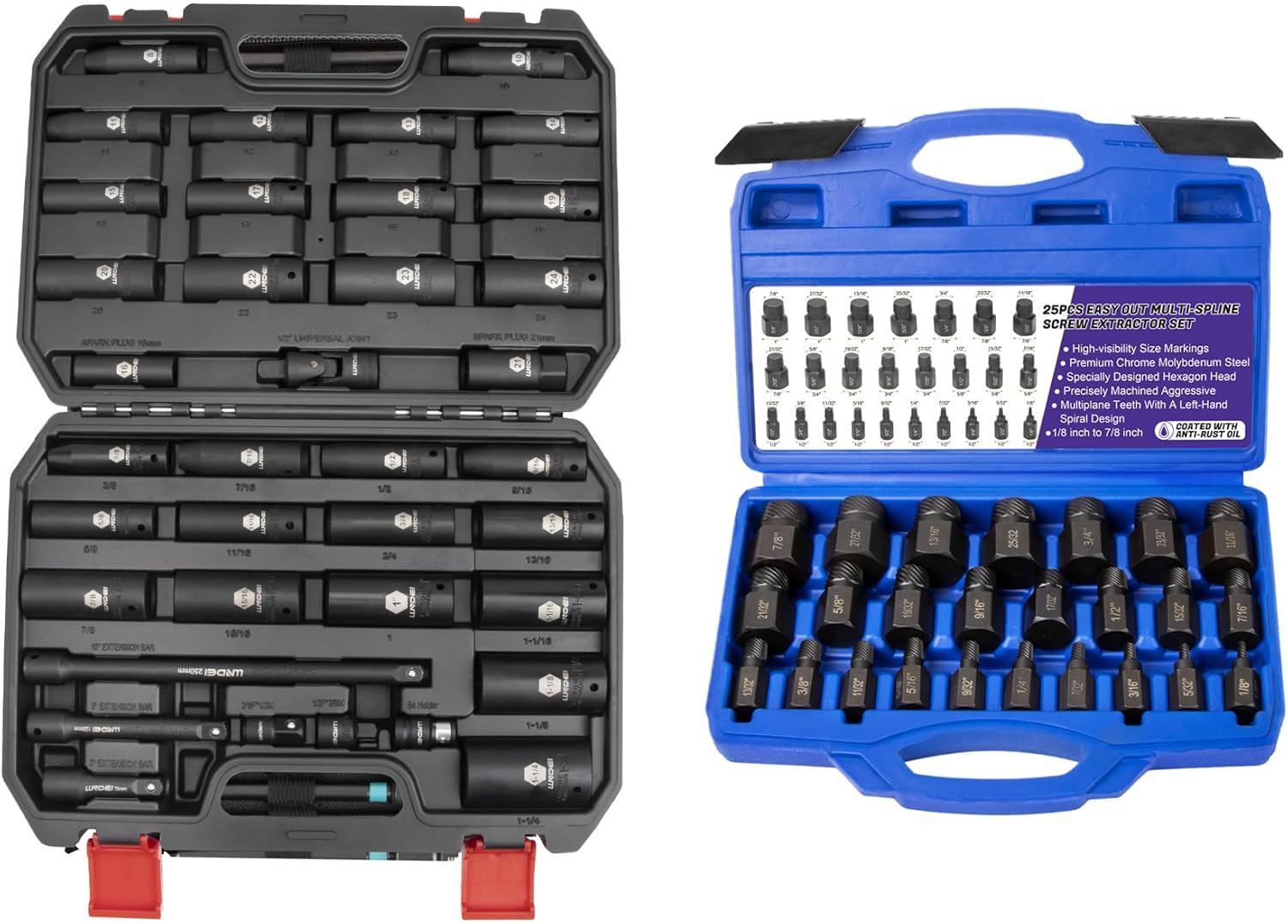 LLNDEI 37PC 1/2 Inch Socket Set & 25PC Screw Extractor Set