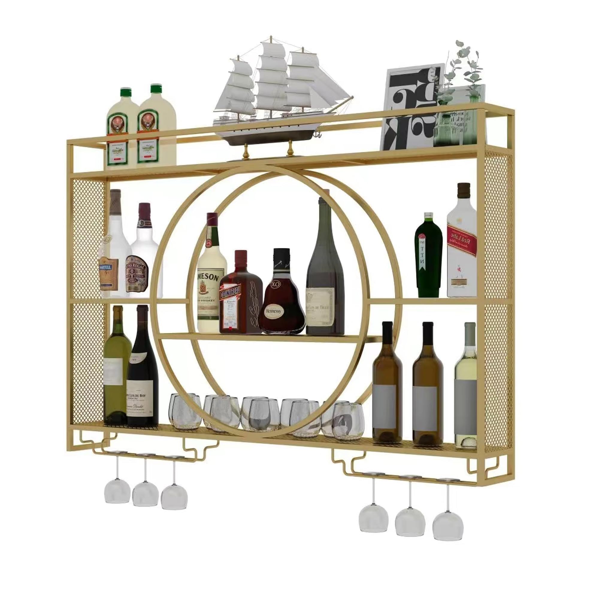 Étagère à vin murale dorée de style haut de gamme en métal avec porte-verres pour grand cru