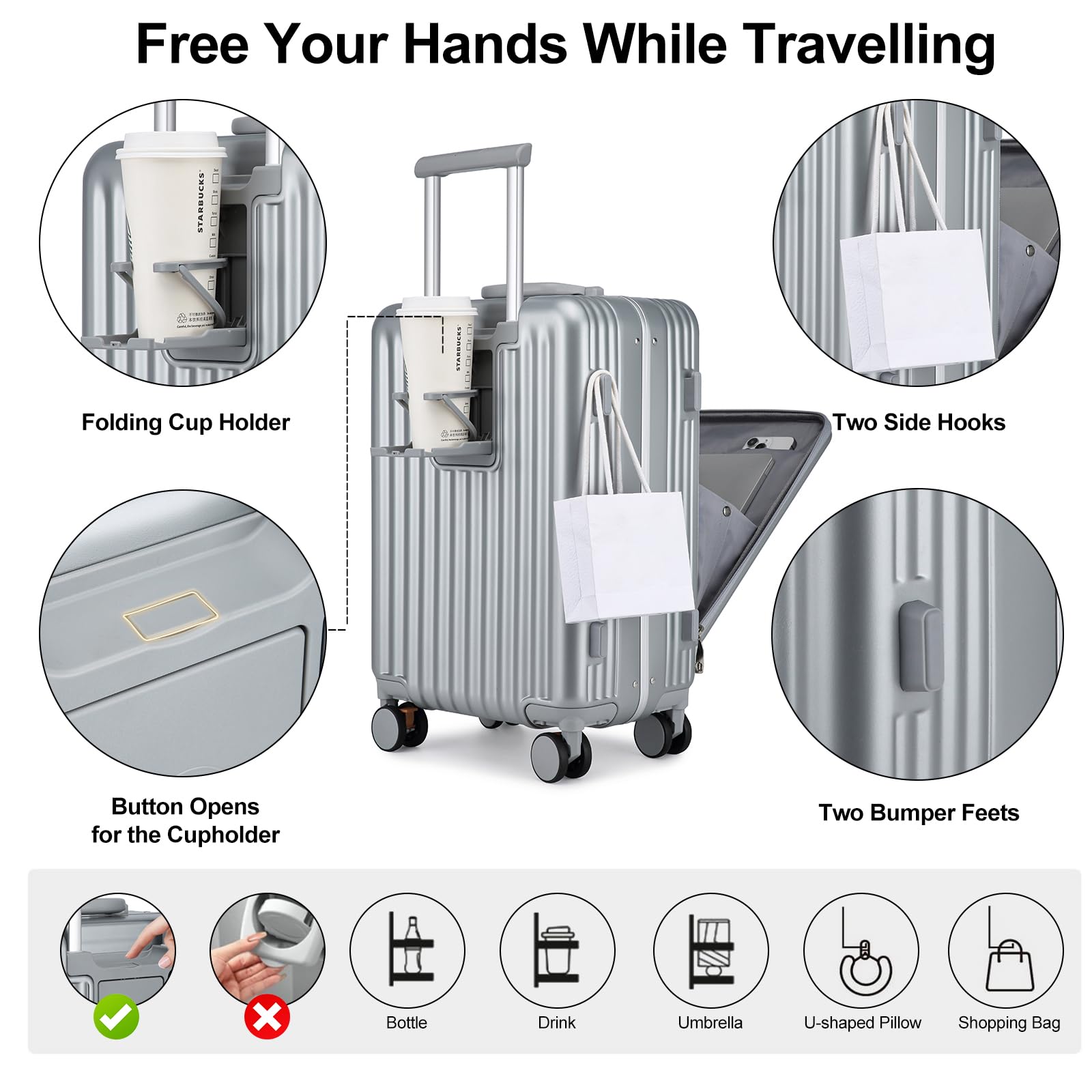 Sea choice Valigia Bagaglio a Mano con Tasca Frontale per Laptop 20" PC Valigia Trolley da cabina Porta con USB, 4 Rotelle con lucchetto TSA, Porta bicchieri