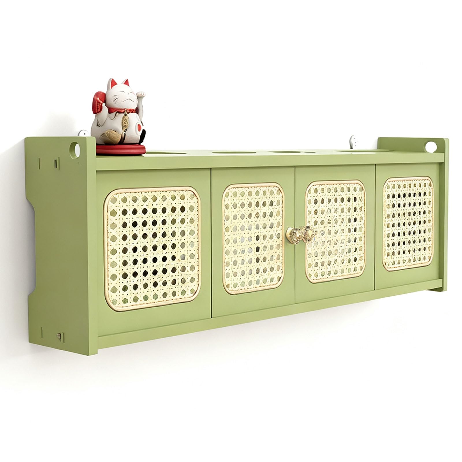 Wood & Rattan Router Storage Box, WiFi Router Cable Management Box for Hiding Cables, Sockets & Set Top Box, Decorative Wooden Cable Tidy Organiser Shelf for Home Living Room Office