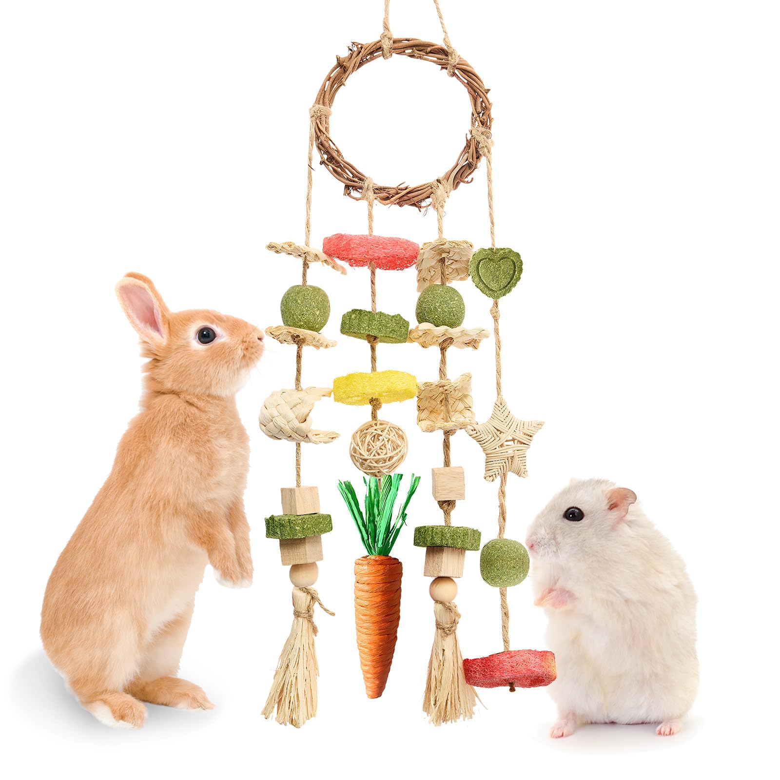 Jorewood Rabbit Chew Toys Bunny Cage Hanging Toy and Treats Rattan Ring with Snacks for Rodent Pets Teeth Healthy