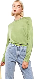 LC واكيكي سويتر صوف سادة برقبة دائرية ضيقة واكمام طويلة للنساء