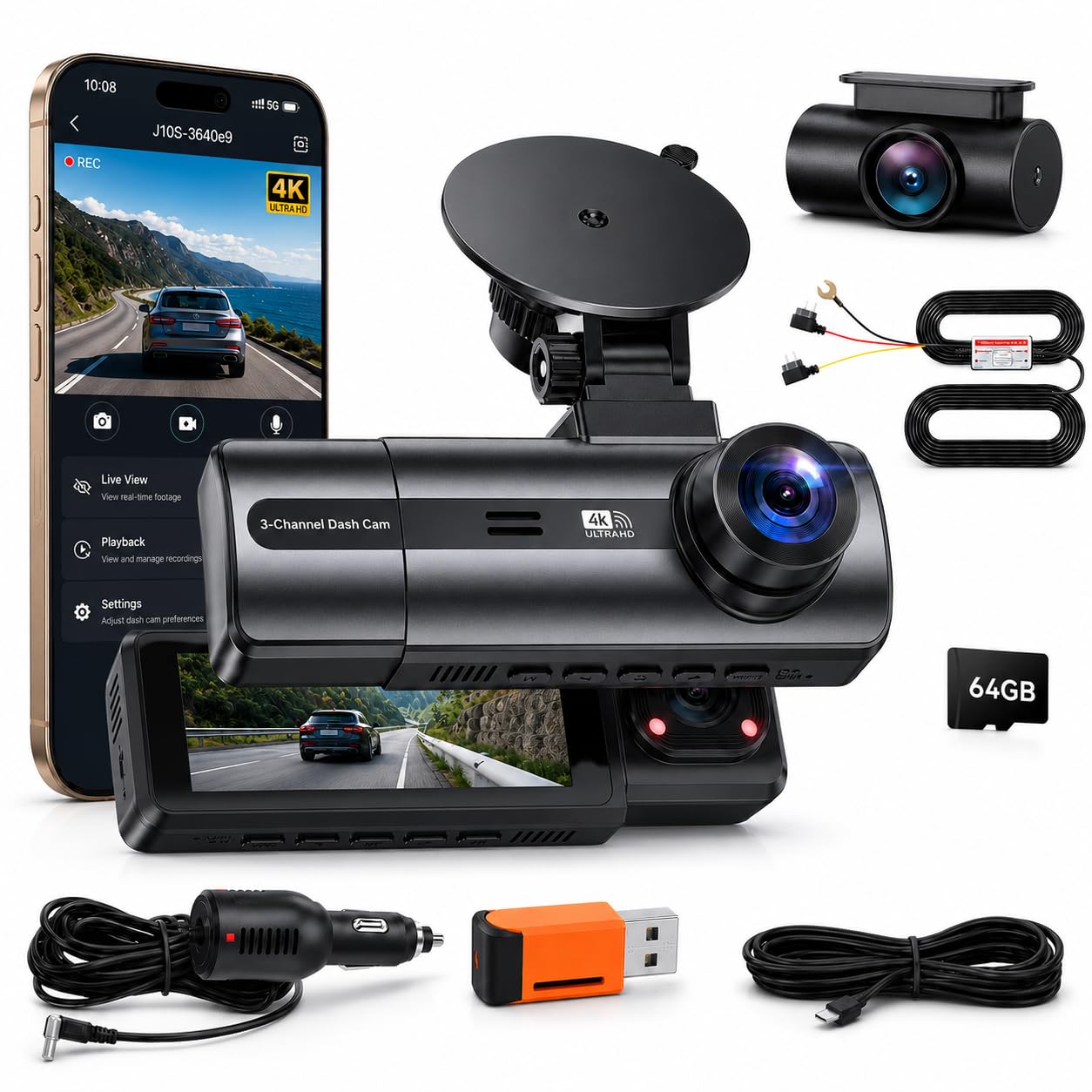Dashcam 3 Cámaras | 4K Delantera + 1080P Interior y Trasera | WiFi 6 | Pantalla IPS 3,16'' | Visión Nocturna | Sensor G | Grabación en Bucle | 64GB