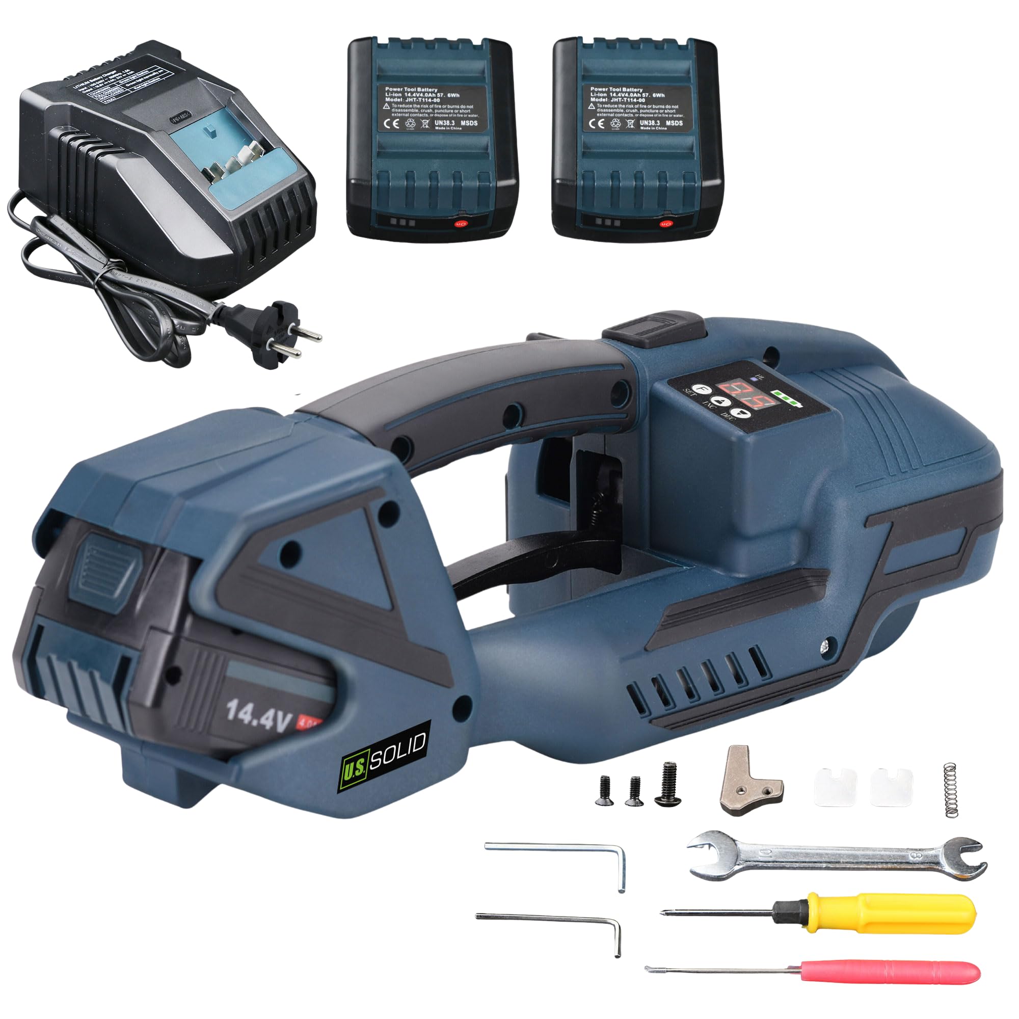 U.S. Solid Reggiatrice automatica con saldatura e schermo LCD – Per nastri PP/PET 13-16 mm, 2 x 4000 mAh batteria ricaricabile, per imballaggio e pallet