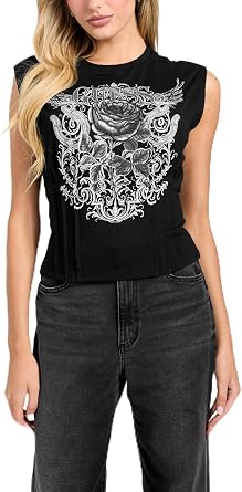 Guess Womens Eco Sleeveless Rocker Rose Corset Tee