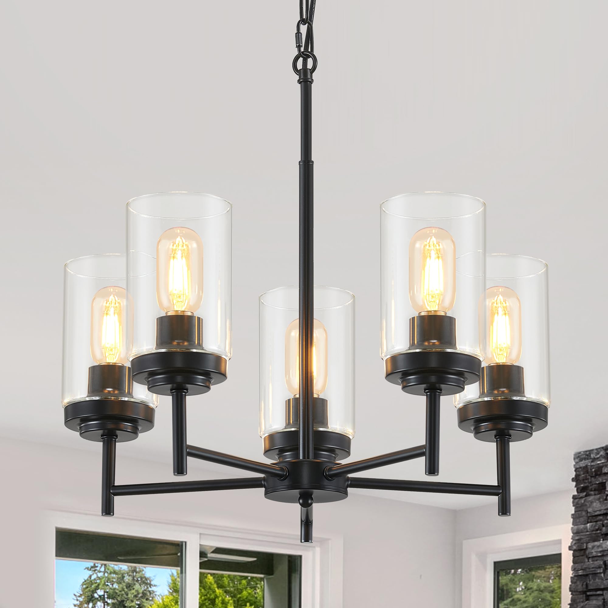 5-Light Farmhouse Glass Chandelier, Modern Black Chandelier for Living Room Light Fixture, Industrial Chandeliers for Kitchen, Dining Room, Foyer, Entryway