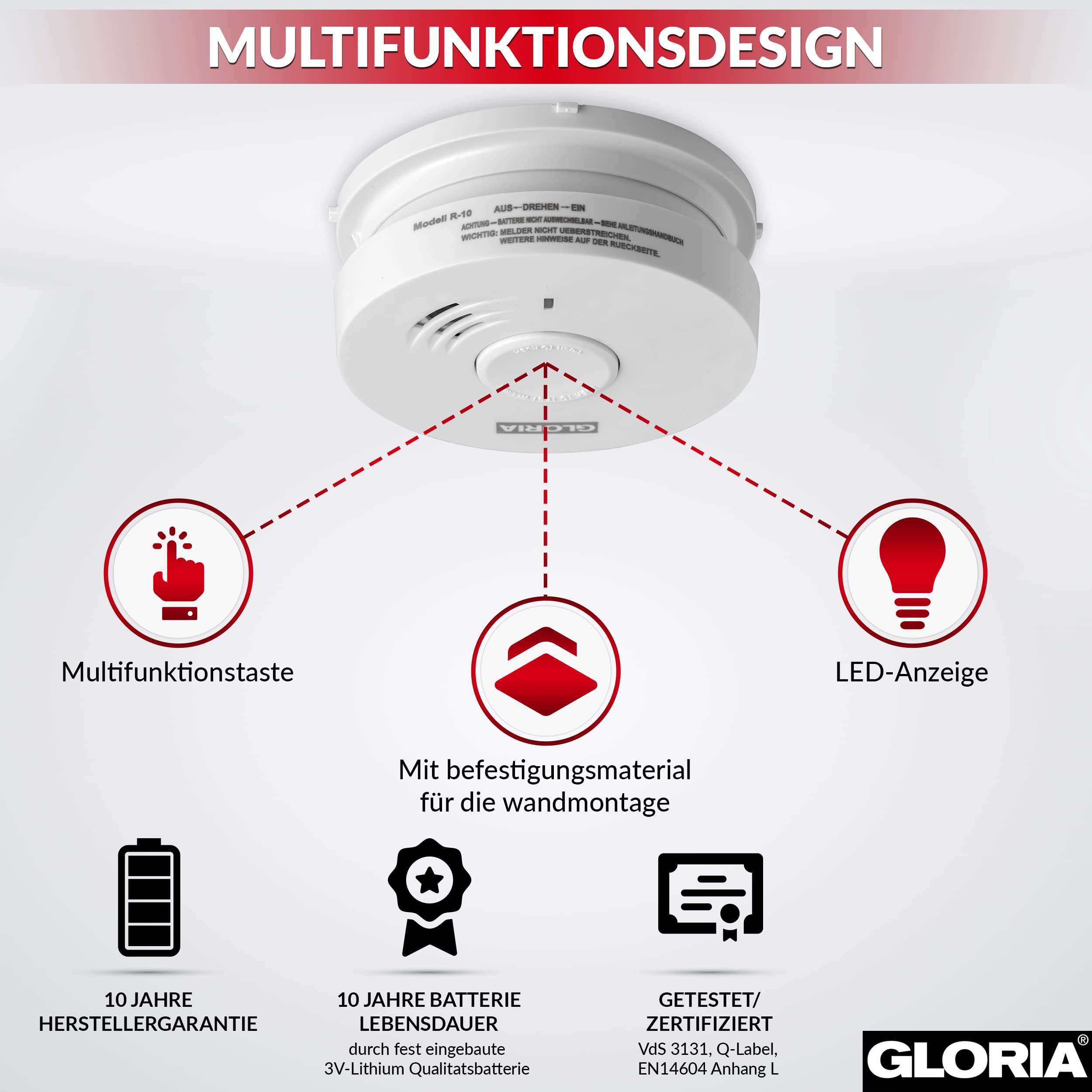 Gloria Rauchwarnmelder 8X R-10 mit 10 Jahren Garantie und fest eingebauter Lithium Batterie