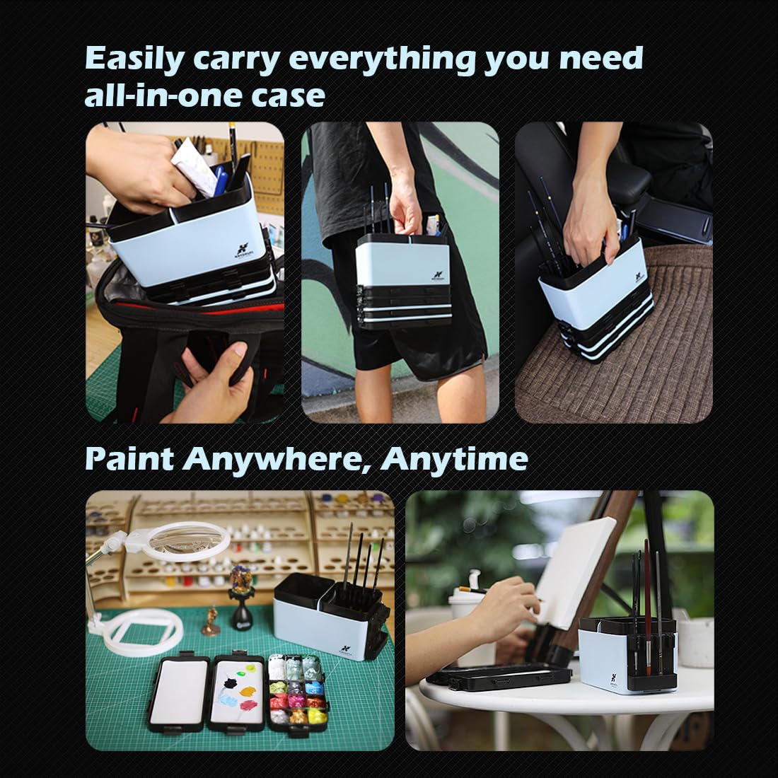 Stazione di Pittura Modulare Portatile All-in-One con Pulitore e Supporti per Pennelli, Vassoio per Palette di Pittura Umida con Coperchio per Pittura Miniatura e Vernici Acriliche (Set
