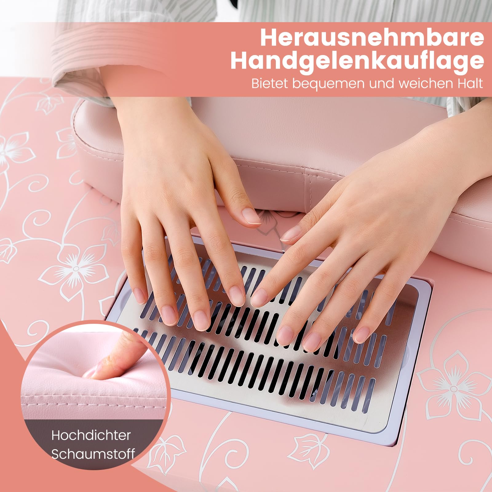 COSTWAY składany stół do manicure z elektrycznym odkurzaczem, lampą LED, podłokietnikiem, torbą do transportu i rolkami, stół do manicure w marmurowym wyglądzie (różowy)