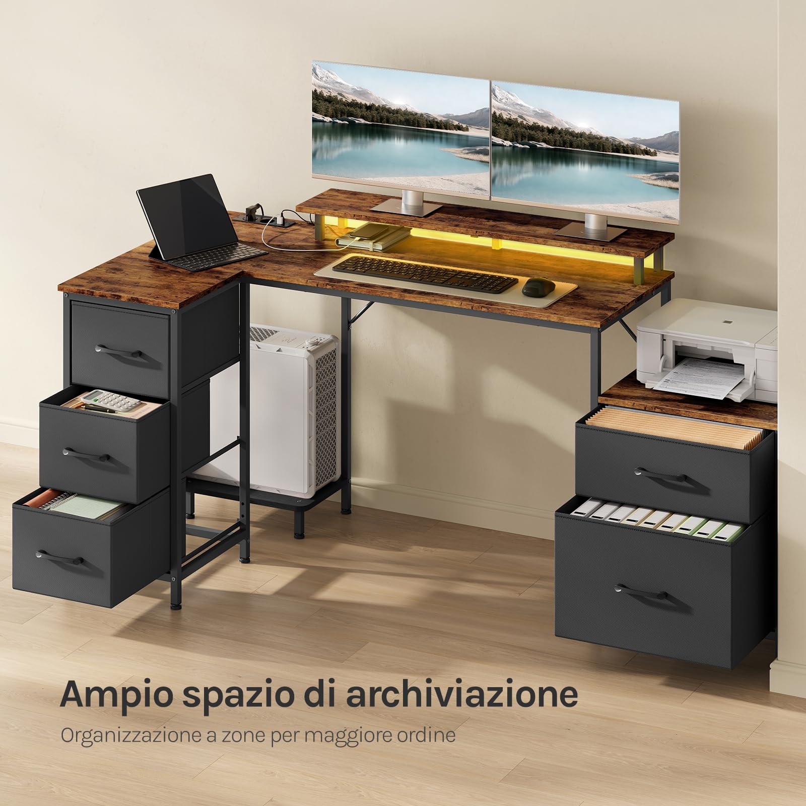 WOLTU Scrivania Angolare, Scrivania per Computer a L, Marrone Rustico | 180x80x84 cm con 5 Cassetti e 2 Ripiani, con LED, 2 Prese, 1 Porta USB e 1 Porta Type-C, per Ufficio, Studio