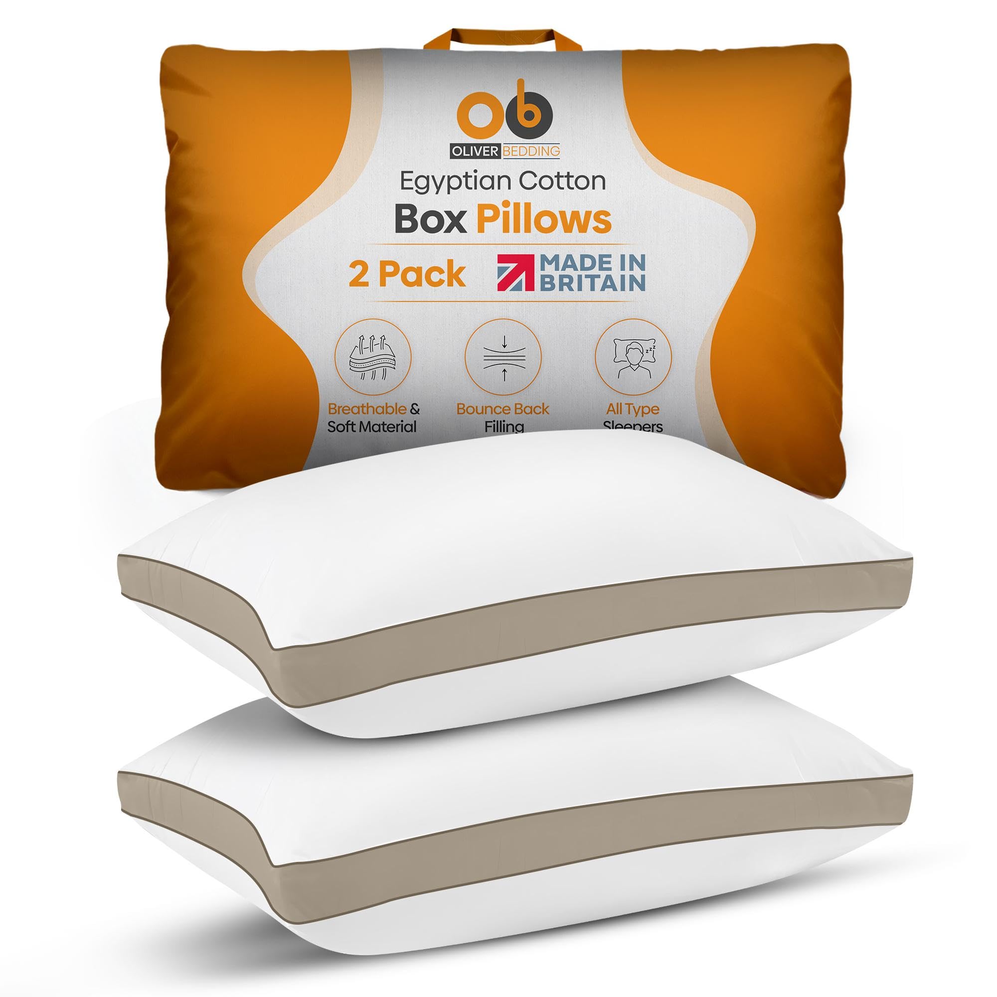 Oliver Bedding Egyptian Cotton Box Pillows Hotel Quality Pillows for Back Stomach and Side Sleepers Down Alternative Filling Bed Pillow Hypoallergenic Breathable Washable Cover (Beige, Pack of 2)