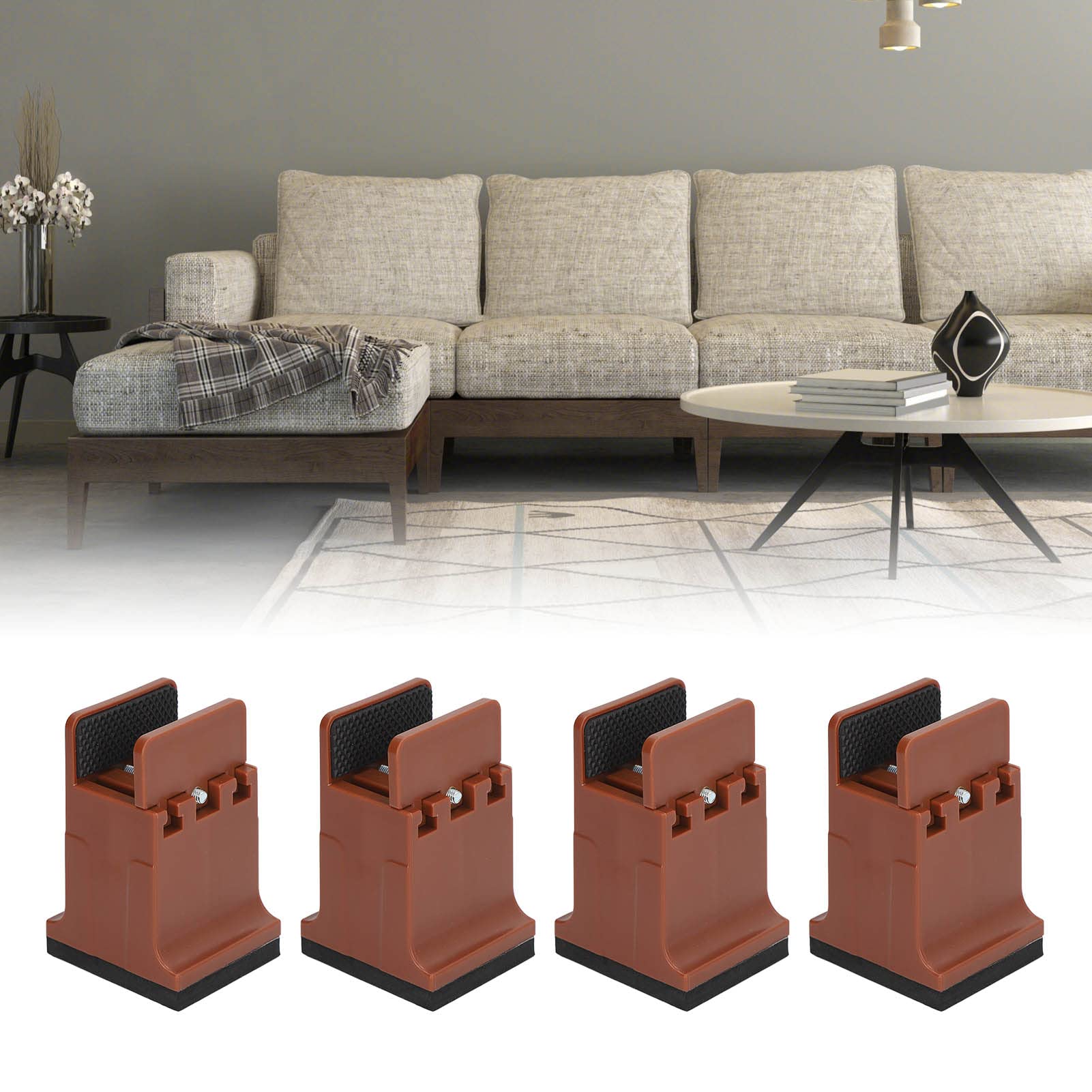 Lyrlody Raised Bed Blocks, 4pcs Adjustable Furniture Risers with Screw Clamp, Rubber, Brown, for Cabinet Sofa Table Desk Feet Lifting - Image 4