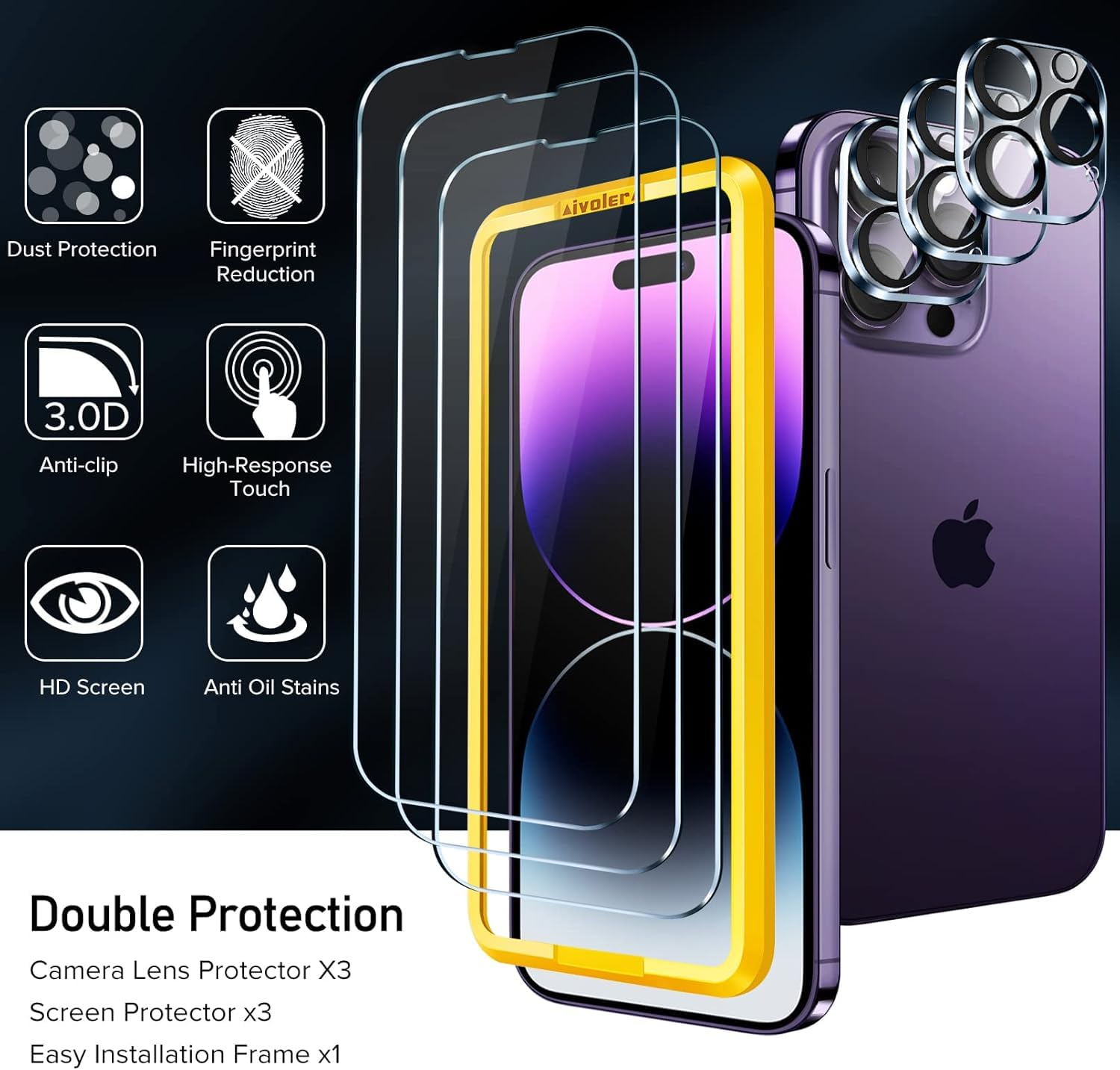 iVoler 3+3 Pezzi Pellicola Vetro Temperato per iPhone 14 PRO 6.1 Pollici, 3 Pezzi Pellicola Protettiva e 3 Pezzi Pellicola Fotocamera, Con Strumenti di Installazione, Durezza 9H, HD, Anti Graffio