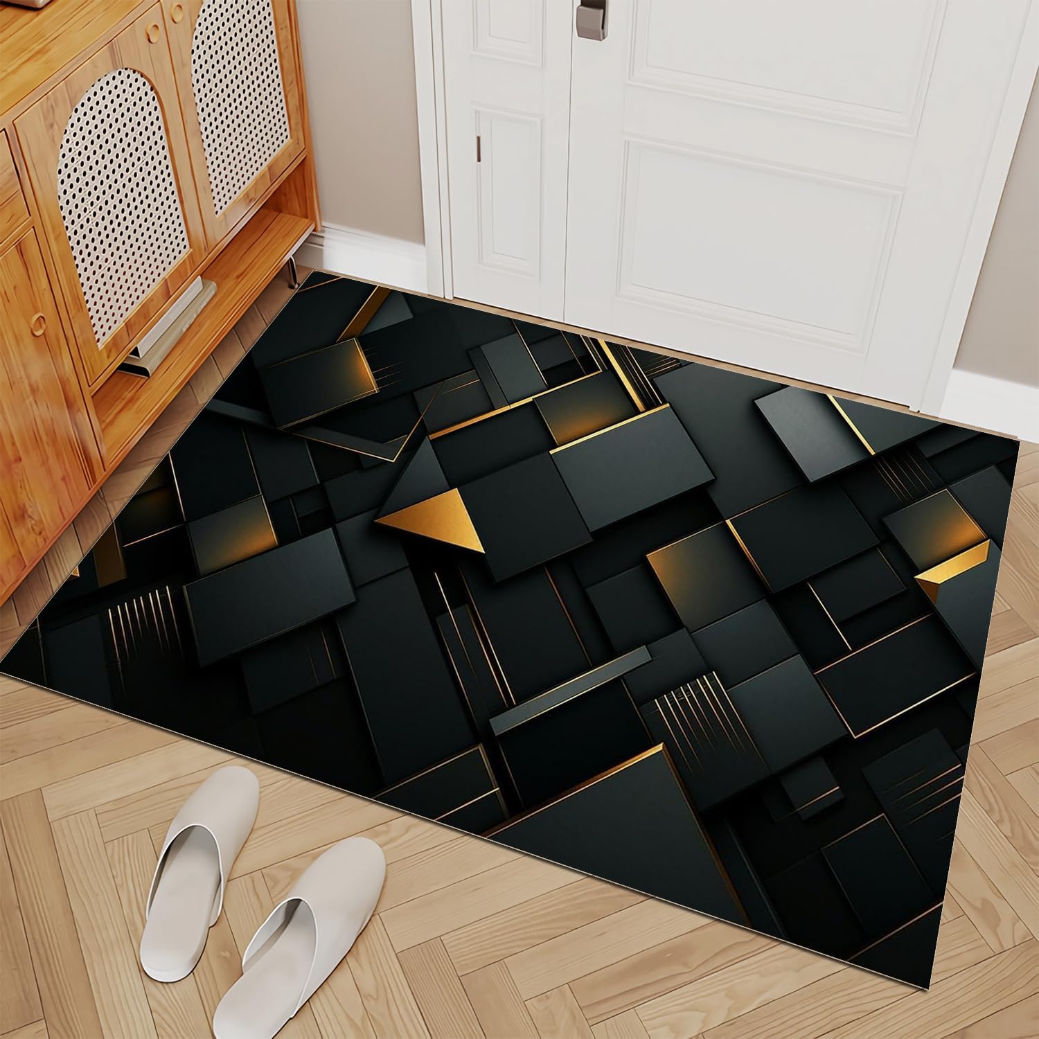 Générique Géométrie Grand Tapis de Salon Chambre 160x230cm Moderne Noir Or Lavable Antidérapant, Poils Ras Doux Tapis Décoration Moderne pour Coucher Couloir,Cuisine, Salle à Manger 1H804