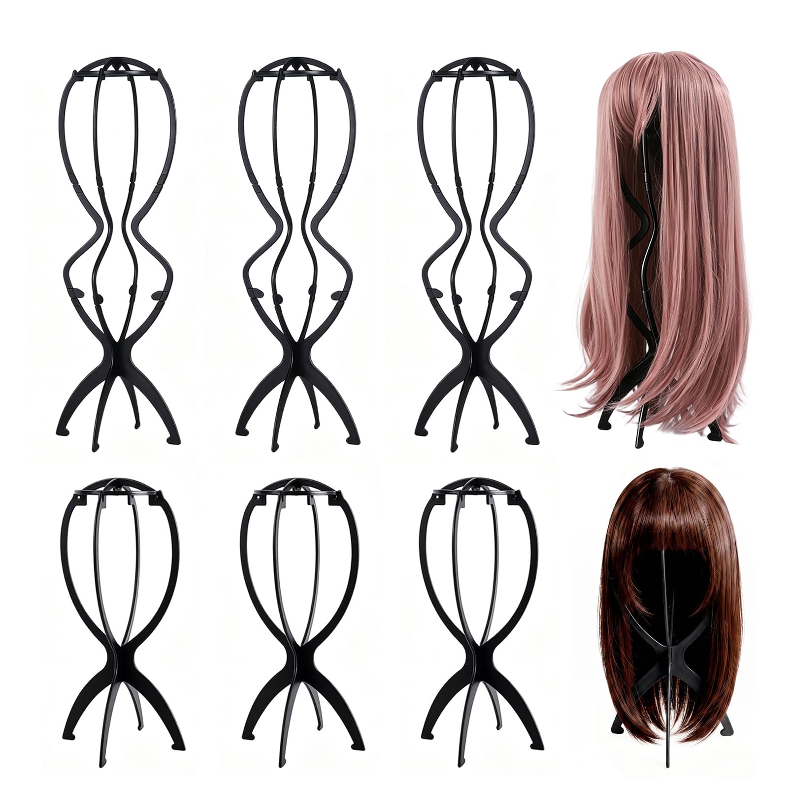 Bjhyiz Black 6 Pcs Wig Stands For Long Hair, Collapsible Wig Stand Folding Wigs Holder Wigs Head Stand For Drying Cosplay Masks Travel Hats Support (50Cm,35Cm)