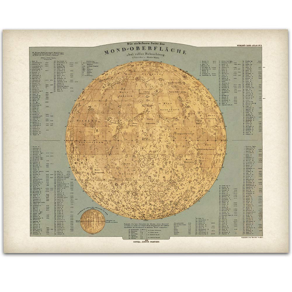 Moon Map Art Space Poster 11x14 Vintage Antique - Moon Surface Phase Academia Chart - Great Astronomy Decor Gift for Astronomers (1872 German Map of the Moon)