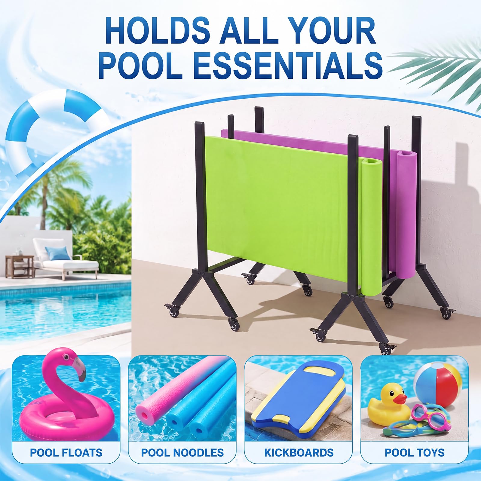 LEIFIDE Confezione da 2 supporti galleggianti per piscina con ruote in acciaio, organizer per galleggianti, zattere, noodle, giubbotti di salvataggio, palline da spiaggia (rack in acciaio, nero