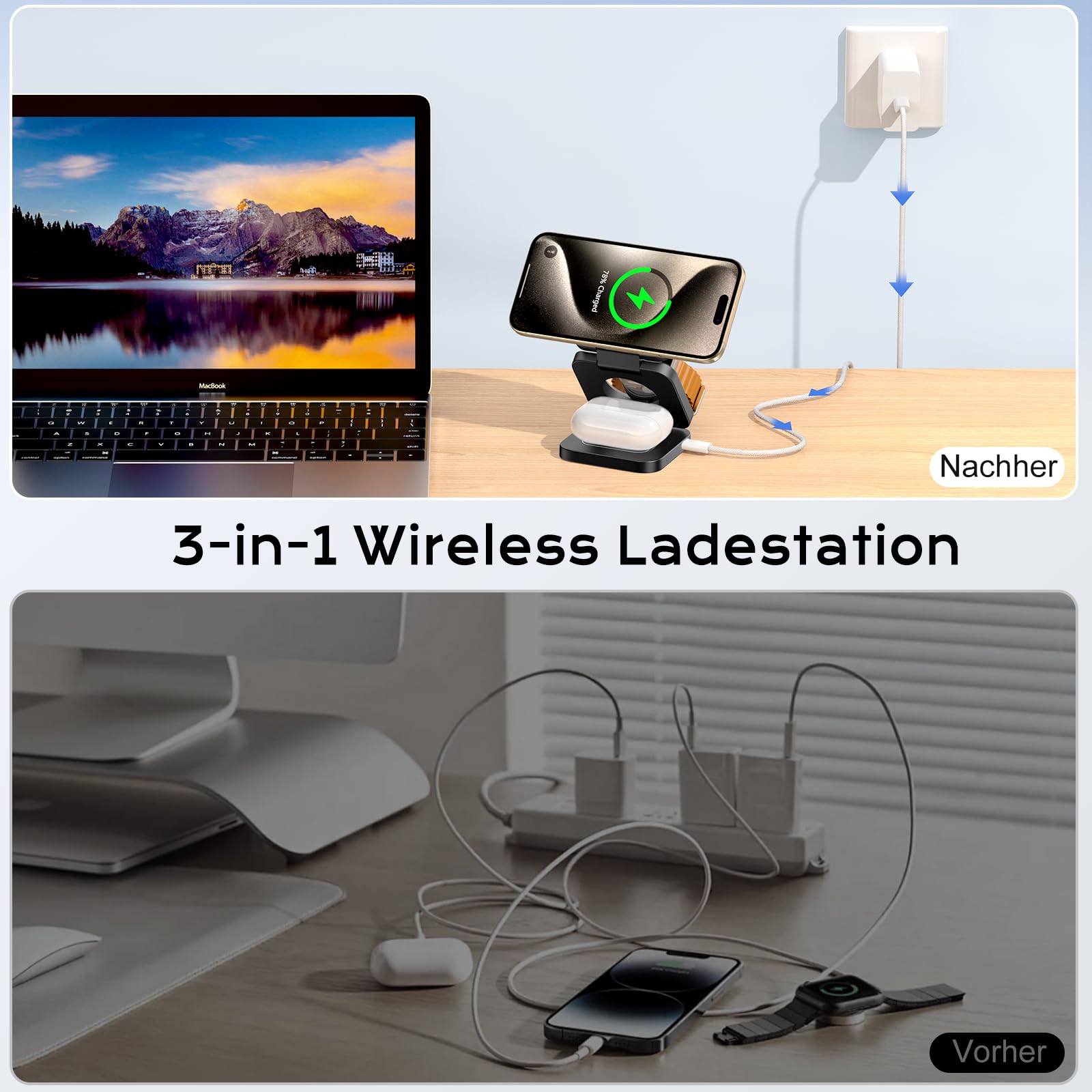 KU XIU 3-in-1 Induktive Ladestation Kompatibel mit Magsafe Ladegerät | Ladestation für iPhone 17/16/15/14/13/12, Faltbare Reisen Wireless Charger für Apple Watch und AirPods(Adapter inklusive)