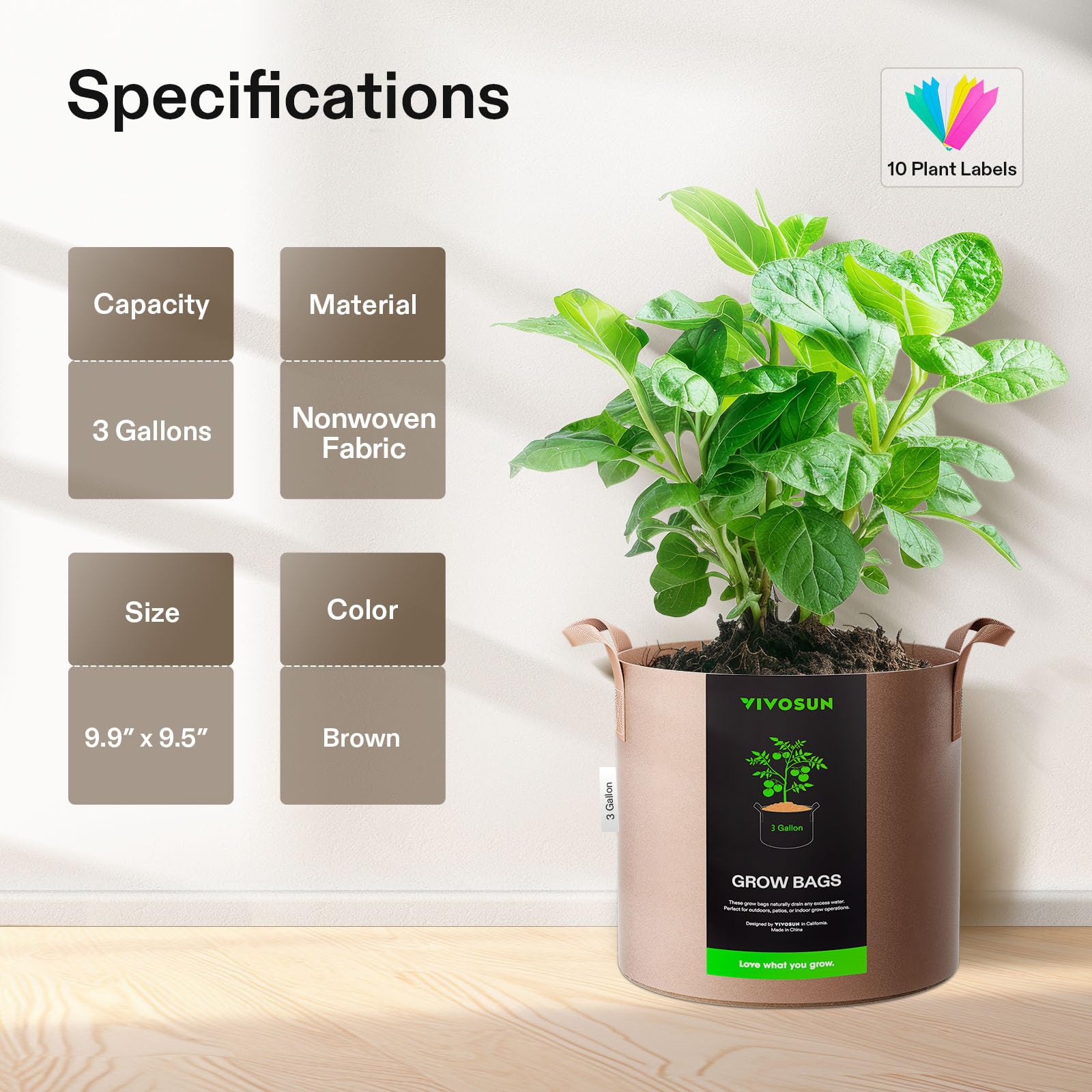 VIVOSUN Paquete de 5 bolsas de cultivo de plantas de 3 galones con asas | Tela no tejida gruesa de 300 g, excelente drenaje, crecimiento saludable de raíces, sin BPA, reutilizable