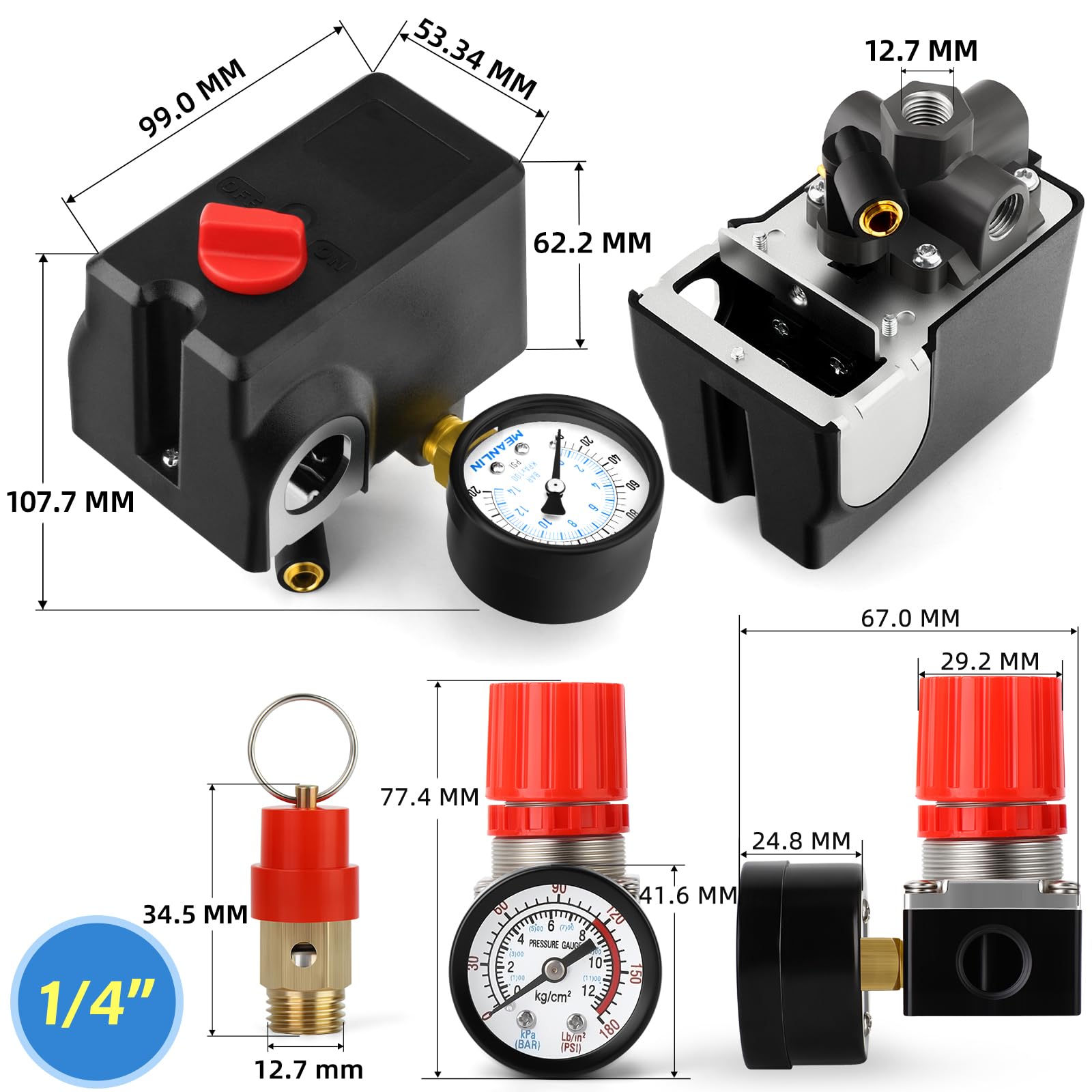 MEANLIN MEASURE Valvola di controllo del pressostato del compressore d'aria 8.3~10.7 BAR 110V-240V Ricambi per porta laterale a 4 vie con regolatore del compressore d'aria e valvola di sicurezza