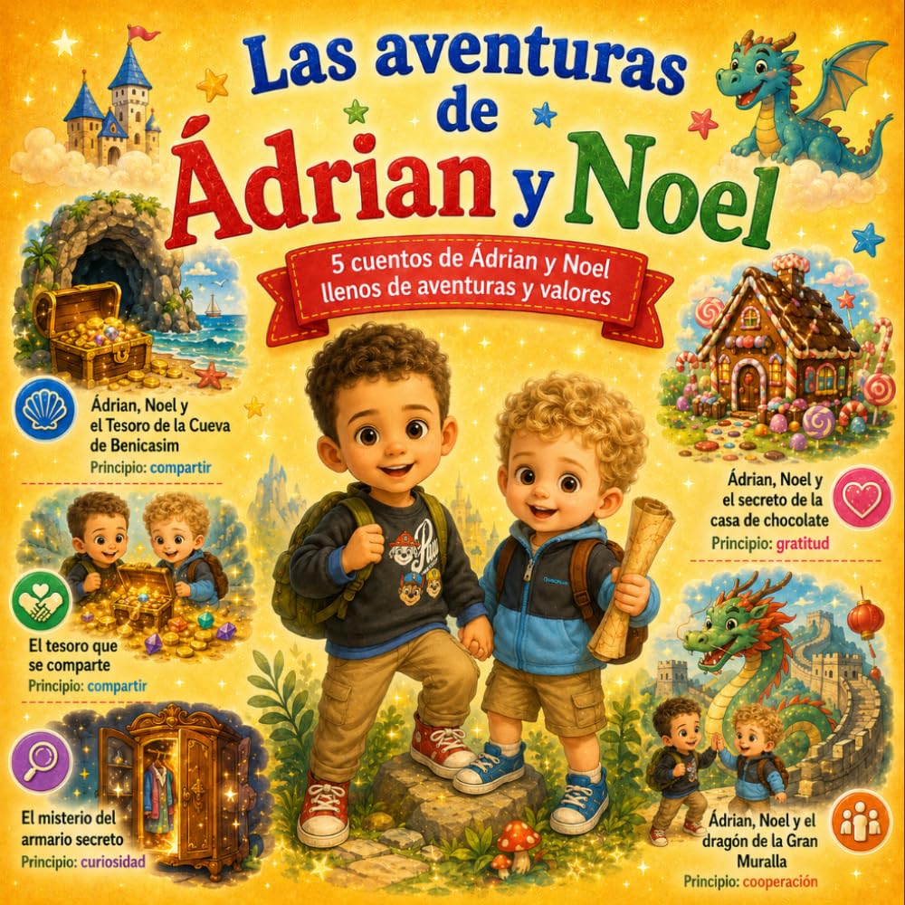 Las aventuras de Ádrian y Noel: 5 cuentos infantiles de aventuras sobre compartir, curiosidad, gratitud y cooperación