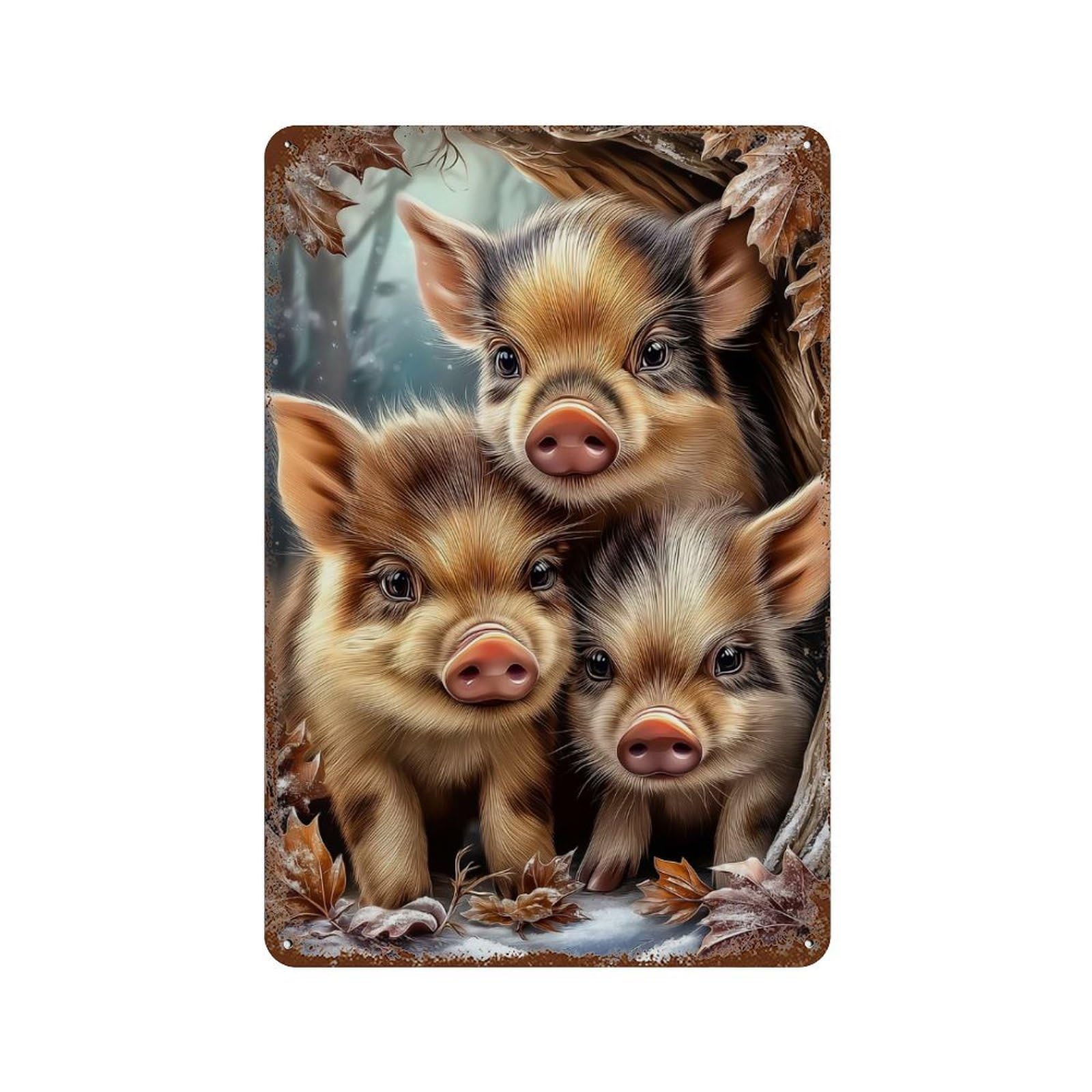 Aged Metal Wall Plaque with Wild Boar Piglets in Winter Scene Design 11.8"x7.9", for Garage, Bar And Workshop Decor, Rustic Home Decor