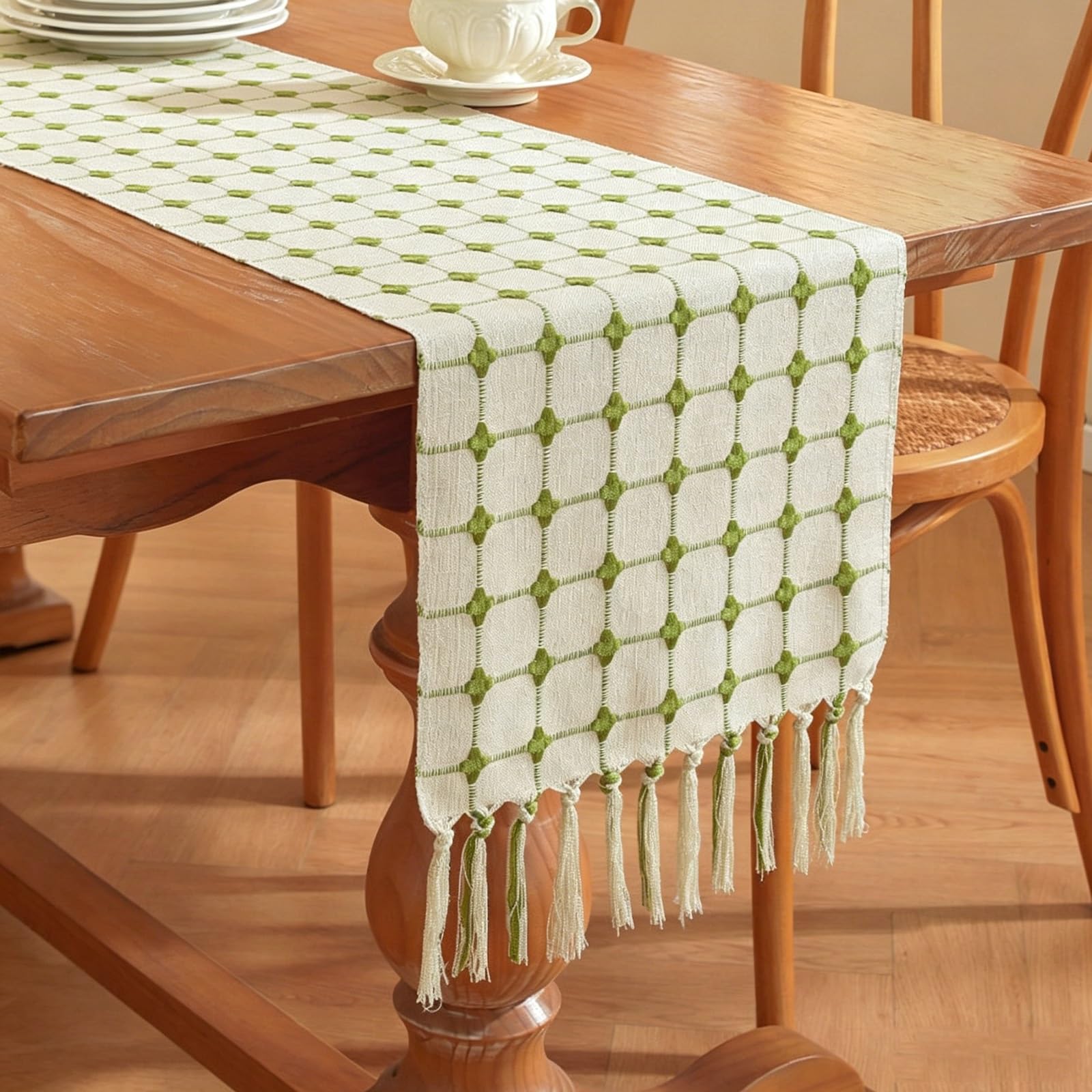 Cotton-Linen Blend Grid Plaid Table Runner With Hand-Torn Tassels,Fresh Home Decor Table Runner, for Dining, Coffee, Sideboards & Storage Cabinets(Green,160cm/62.9in)