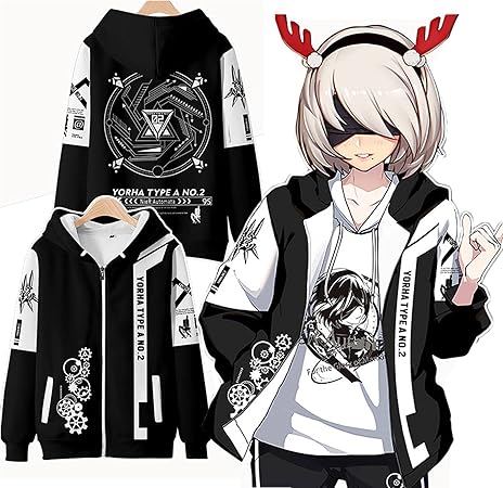 Amazon ニーアオートマタ 2b ヨルハ二号b型 コスプレ衣装 パーカー Tシャツ セット Nier Automata キャラクター風 春秋服 フード付き 夏服 メンズ ファッション プリント おしゃれ カジュアル ハロウィン イベント パーティー 仮装 プレゼント パーカー ホワイト 2xl