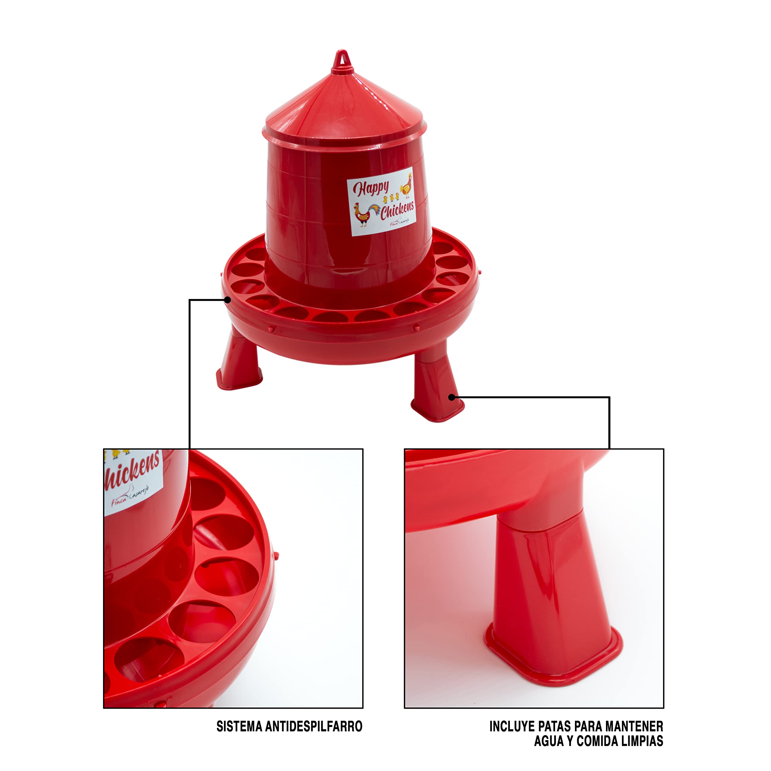 FINCA CASAREJO Comedero con Patas para Gallinas - Sistema Antidespilfarro - Tolva Happy Chickens 2kg - Plástico Resistente para conservar el alimento - Incluye Guía Práctica Alimentación de Gallinas — view 3