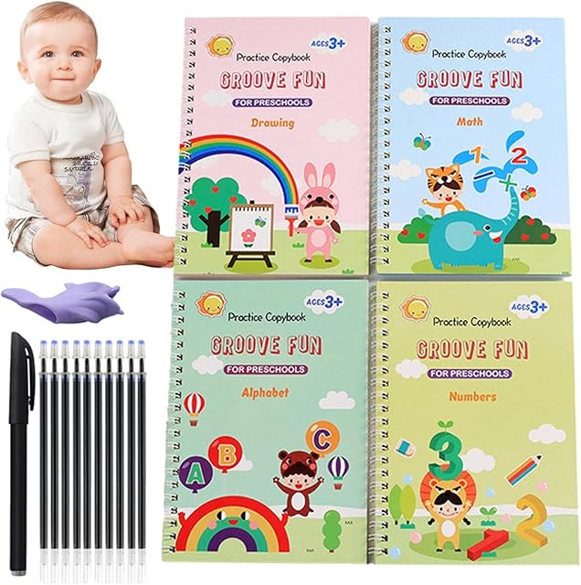 4Pcs Magic Practice Copybook For Kids Reusable Groove Calligraphy For Children English Math Alphabet Drawing Tracing Writing Practice Book Set With Magic Pens/10 Refills/Pen Holder For Kids Gifts