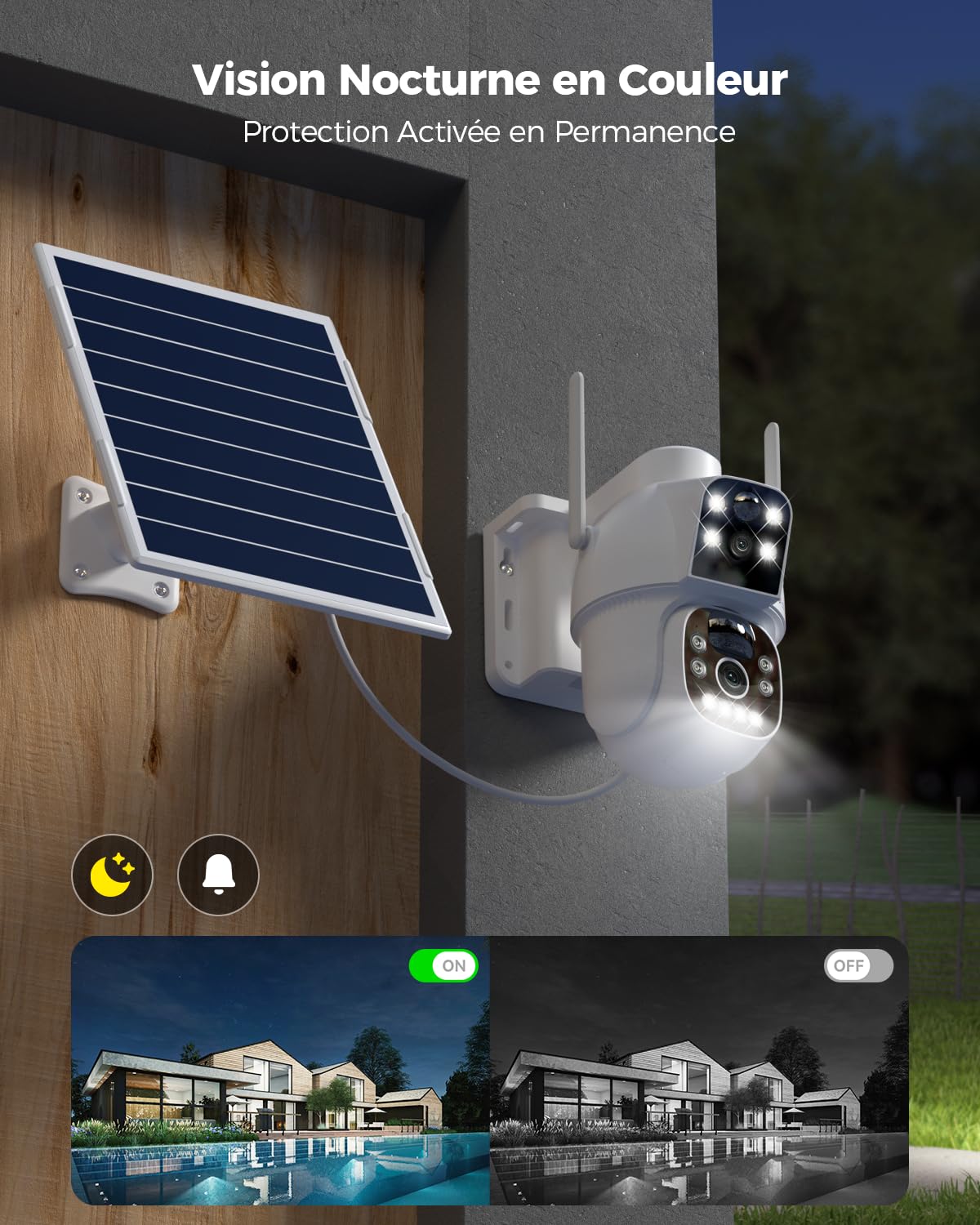 Ctronics 4G LTE Caméra Surveillance Exterieur sans Fil Double Objectif, 15600mAh Batterie 8W Panneau Solaire Caméra avec Carte Sim Vision Nocturne Couleur PIR Détection PC/Cloud/IP66-NO WiFi (Blanc) | Sans Fil, Batterie 15600mAh, Panneau Solaire 8W, Carte
