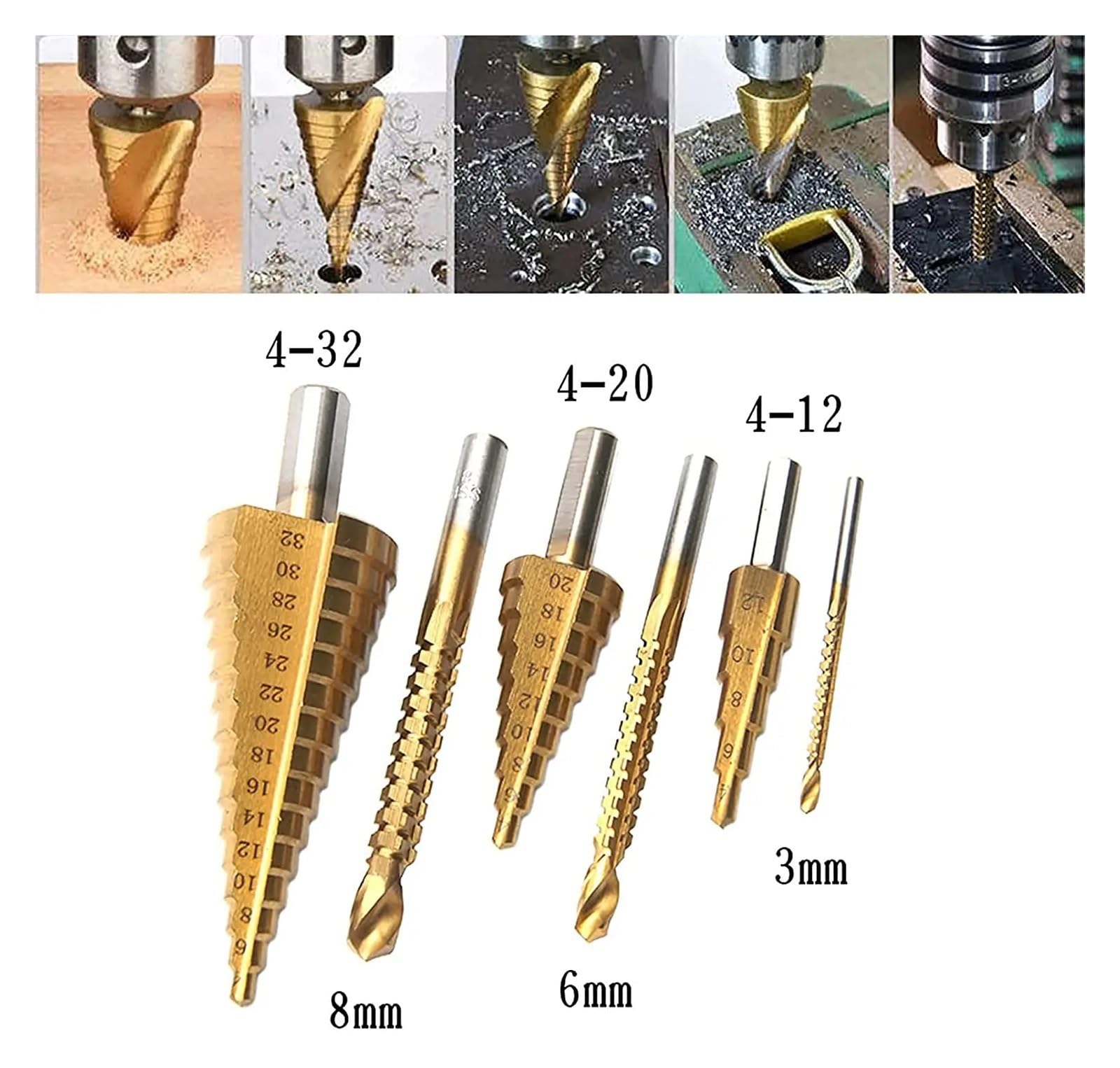 Zestaw pił otwornicowych, 6 Szt. Zestaw Wierteł Stopniowych Do Piły 4-12, 4-20, 4-32 Mm, 3 8 Obróbki Drewna, Otwieracz Otworów Metalowych(ME18K)