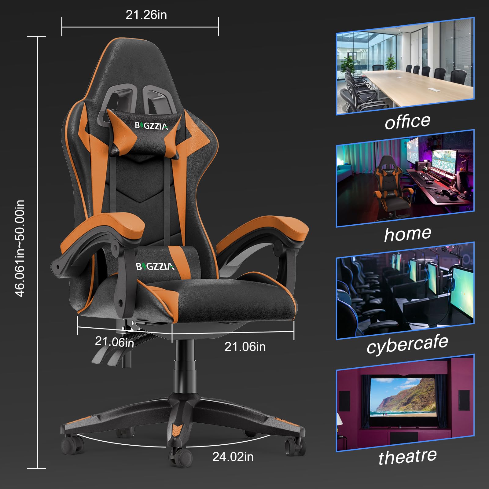 bigzzia Silla Gaming,Silla Ergonómica de Oficina en Cuero PU,Regulable en Altura con Soporte Lumbar y Reposacabezas,Respaldo Reclinable 155°,Silla Gamer Adulto Niño(Verde) (Naranja)