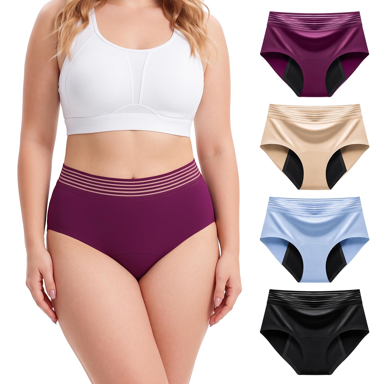 4er Pack Inkontinenz-Slip für Damen mit 80ml hoher Saugfähigkeit (L) | Nahtlose auslaufsicher und waschbar Inkontinenz Pants Periodenunterwäsche, Hoch taillierte Menstruationsslips