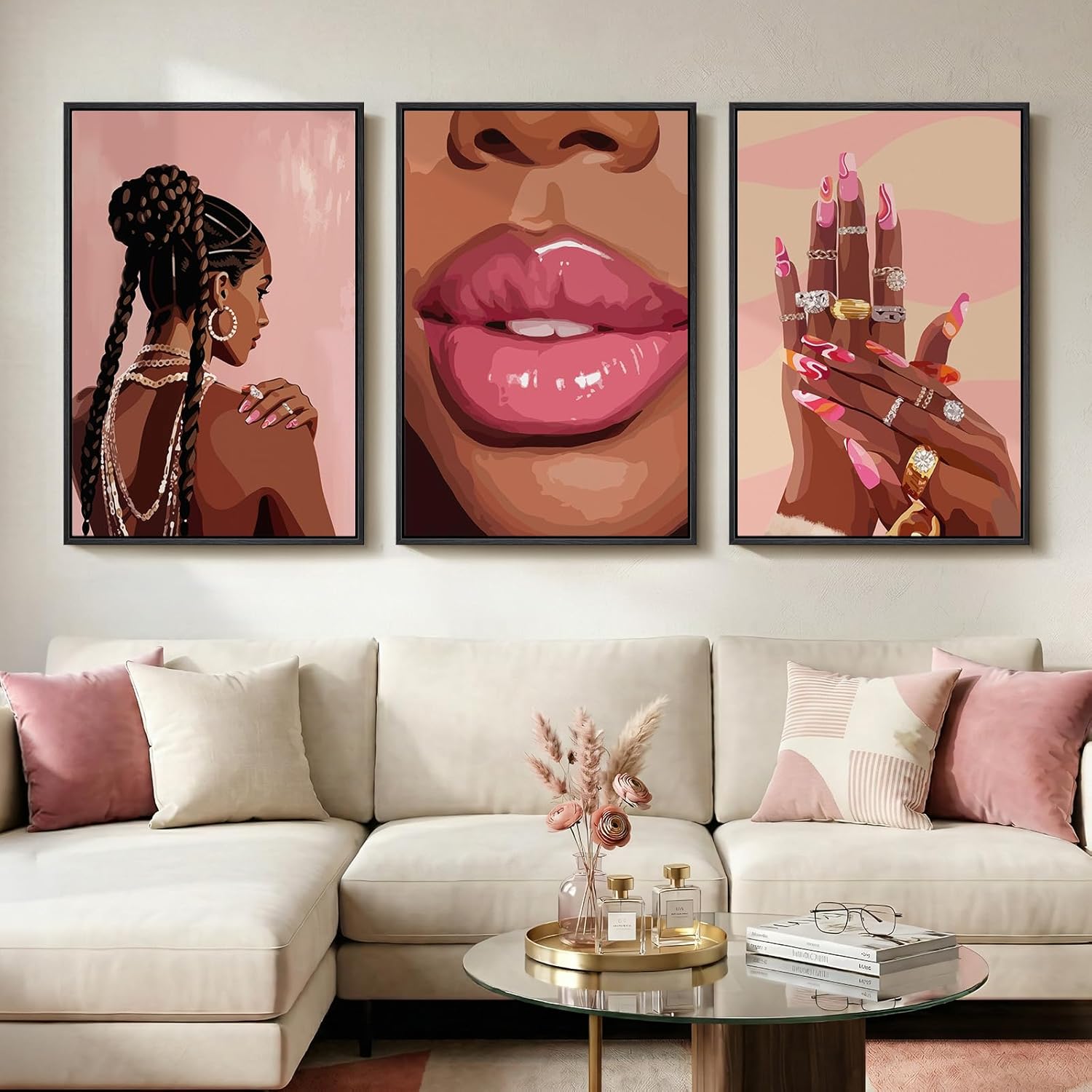 Framed Black Girl Wall Art for Living Room, Set of 3 Modern Pink African American Portrait Prints, Glam Black Woman Wall Decor for Bedroom Hallway Beauty Room 24x36 Inch
