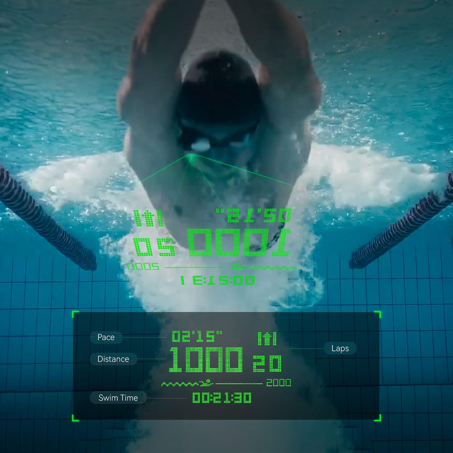 Occhialini da nuoto AR con fitness integrato IPX8 lenti -condensa e - graffi coaching basato su intelligenza artificiale visualizzazione dati in tempo reale tramite OLED trasparente compatibili l app