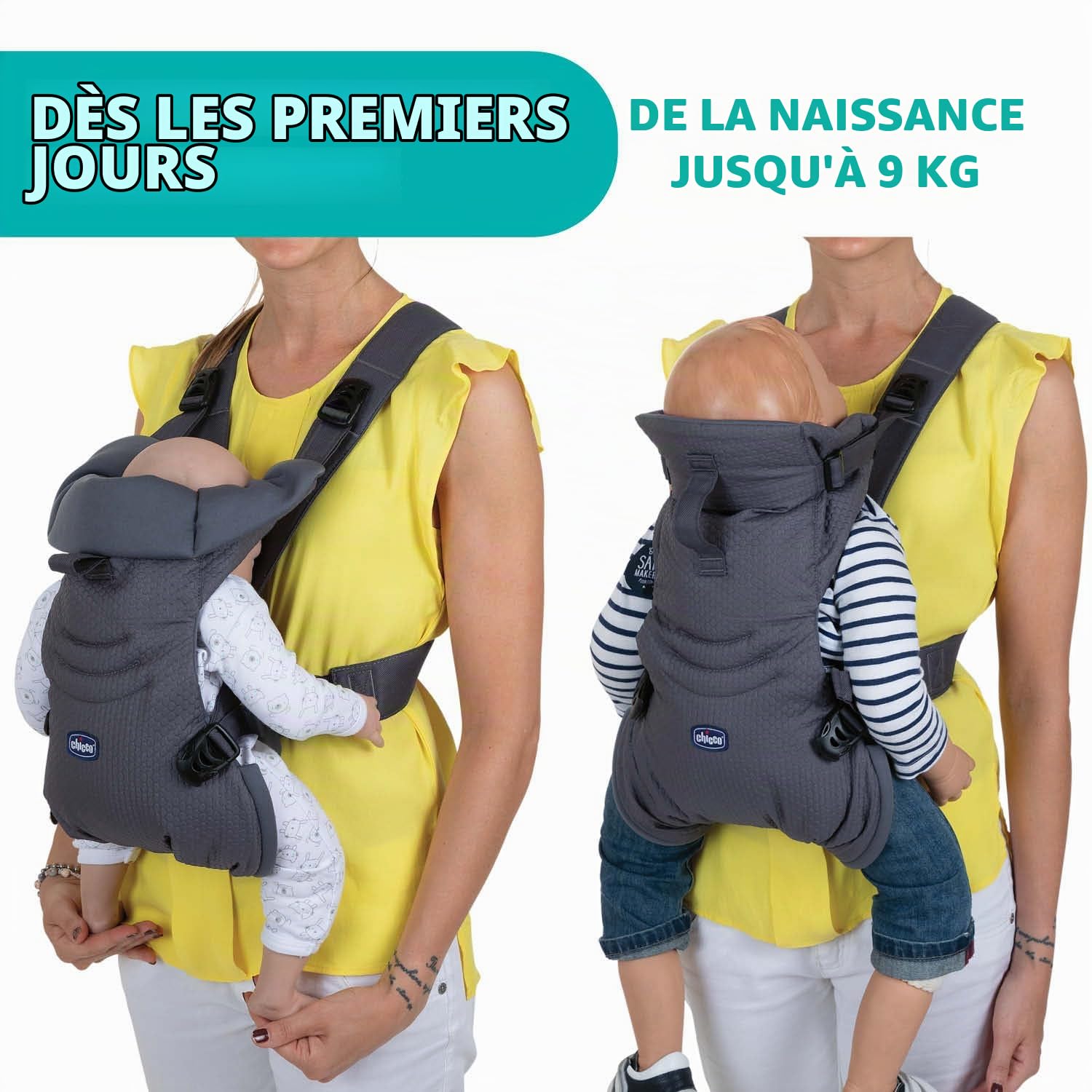 Chicco Easyfit Porte-bébé Ergonomique pour Nourrissons et Enfants de la Naissance à 9 Kg, Porte-bébé physiologique, Simple à Porter, Face à Maman et Face à la Route, Support pour Tête et Cou, Gris